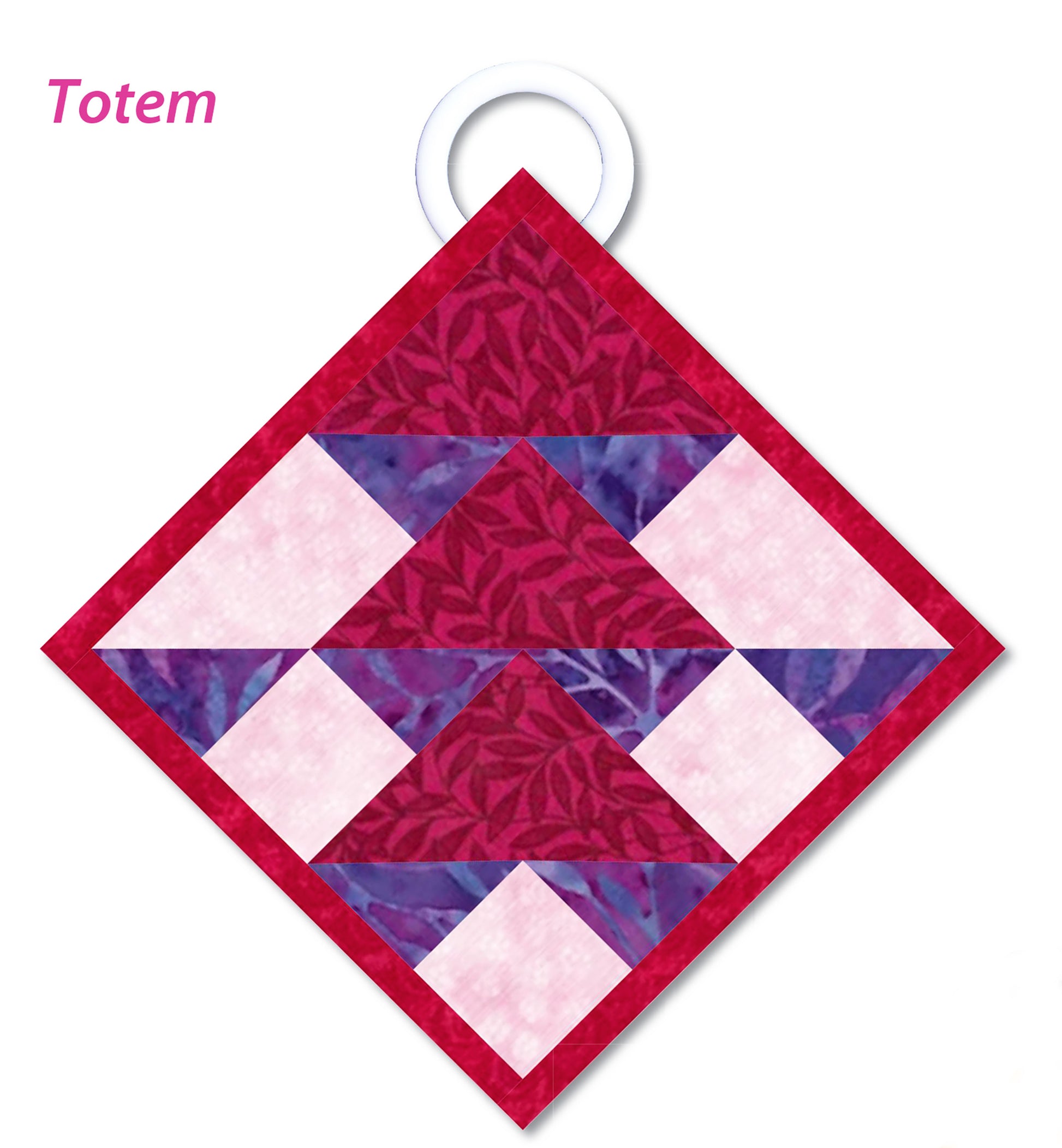A diamond-shaped ornament from Leisure Arts' 110 Quilted Potholders, featuring pink, purple, and white geometric patterns and a hanging loop—great for beginner sewing. "Totem" is labeled in pink at the top left.