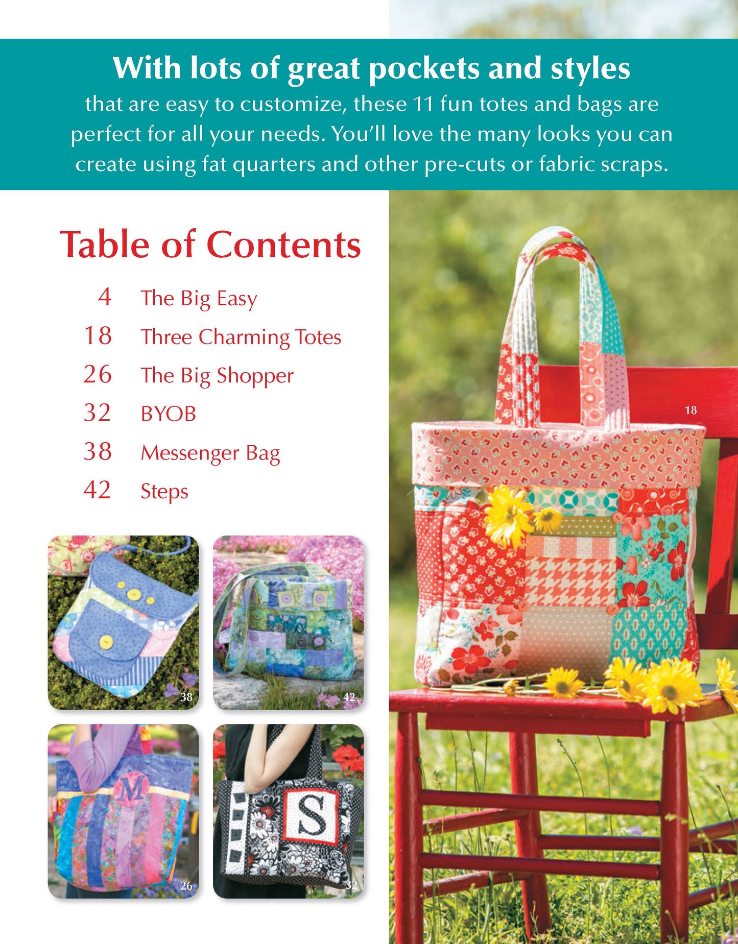 A vibrant tote from fat quarters rests on a red chair in a garden. The "Sew Totes & Bags Digital Download" by Leisure Arts features a green header, red Table of Contents, and images of other fabric totes along the left side.
