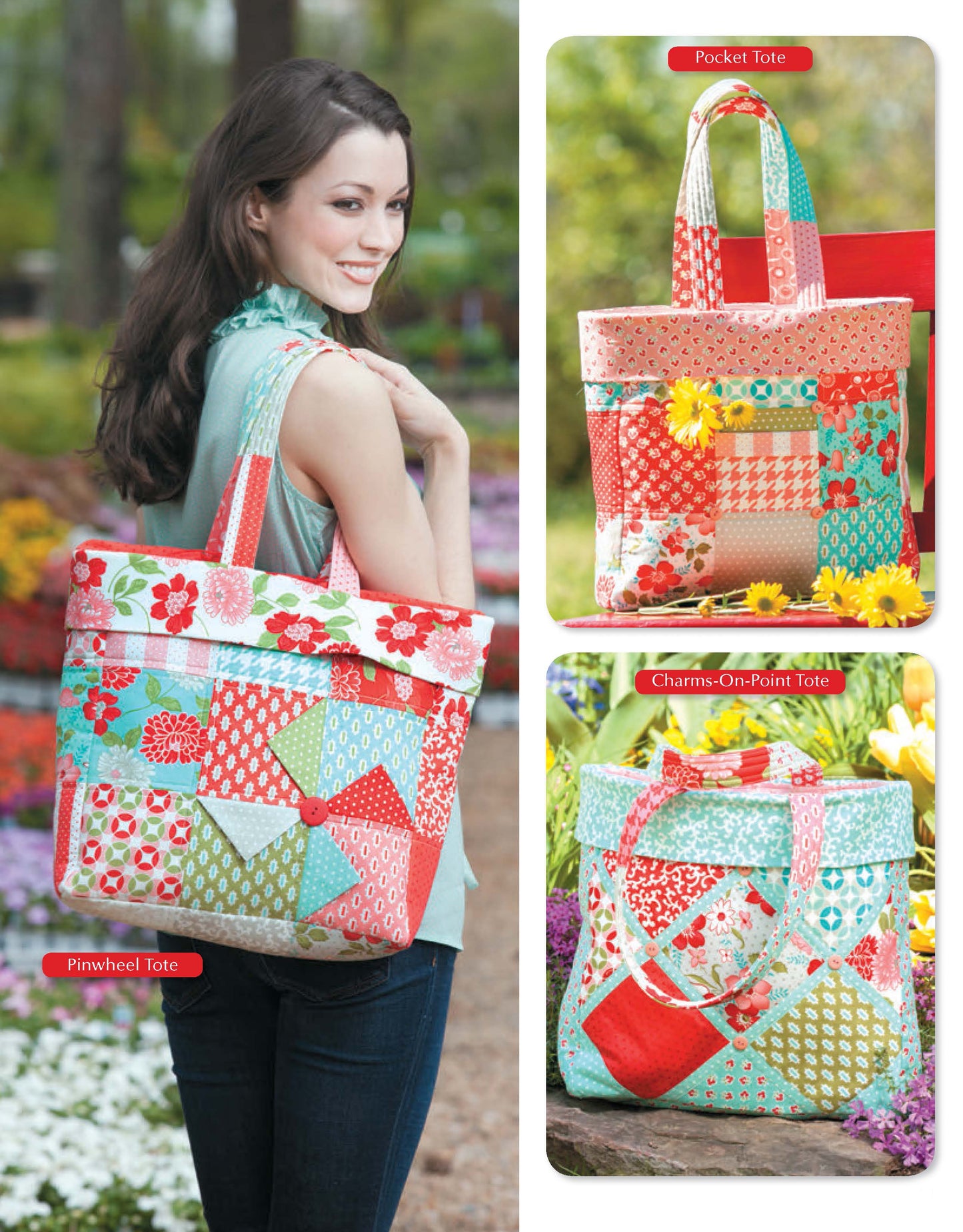 A woman outdoors carries a colorful patchwork tote. Nearby are two close-ups of quilted bags—Pocket Tote and Charms-On-Point Tote—with floral and geometric designs from the Sew Totes & Bags Digital Download by Leisure Arts.