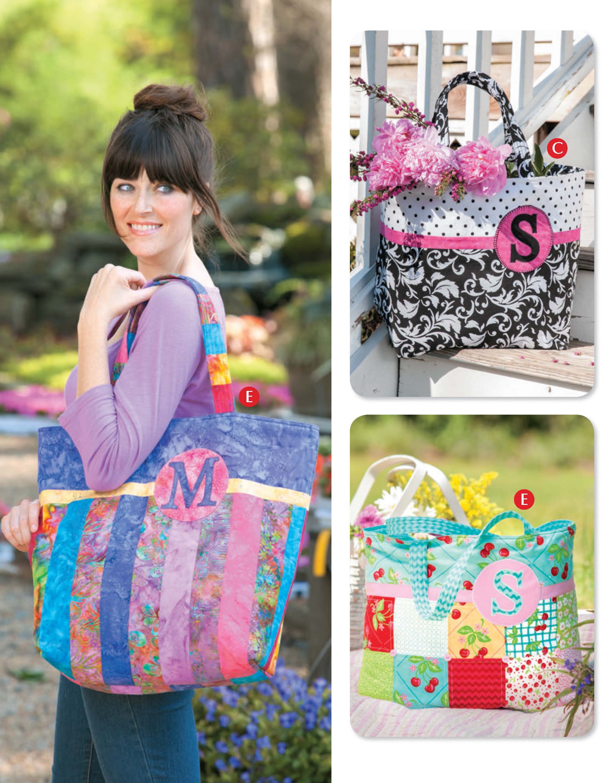 A woman holds a vibrant quilted tote with an M monogram, beside two others—one black-and-white floral, one pastel patchwork—all made from fat quarters. Patterns are from Sew Totes & Bags Digital Download by Leisure Arts.