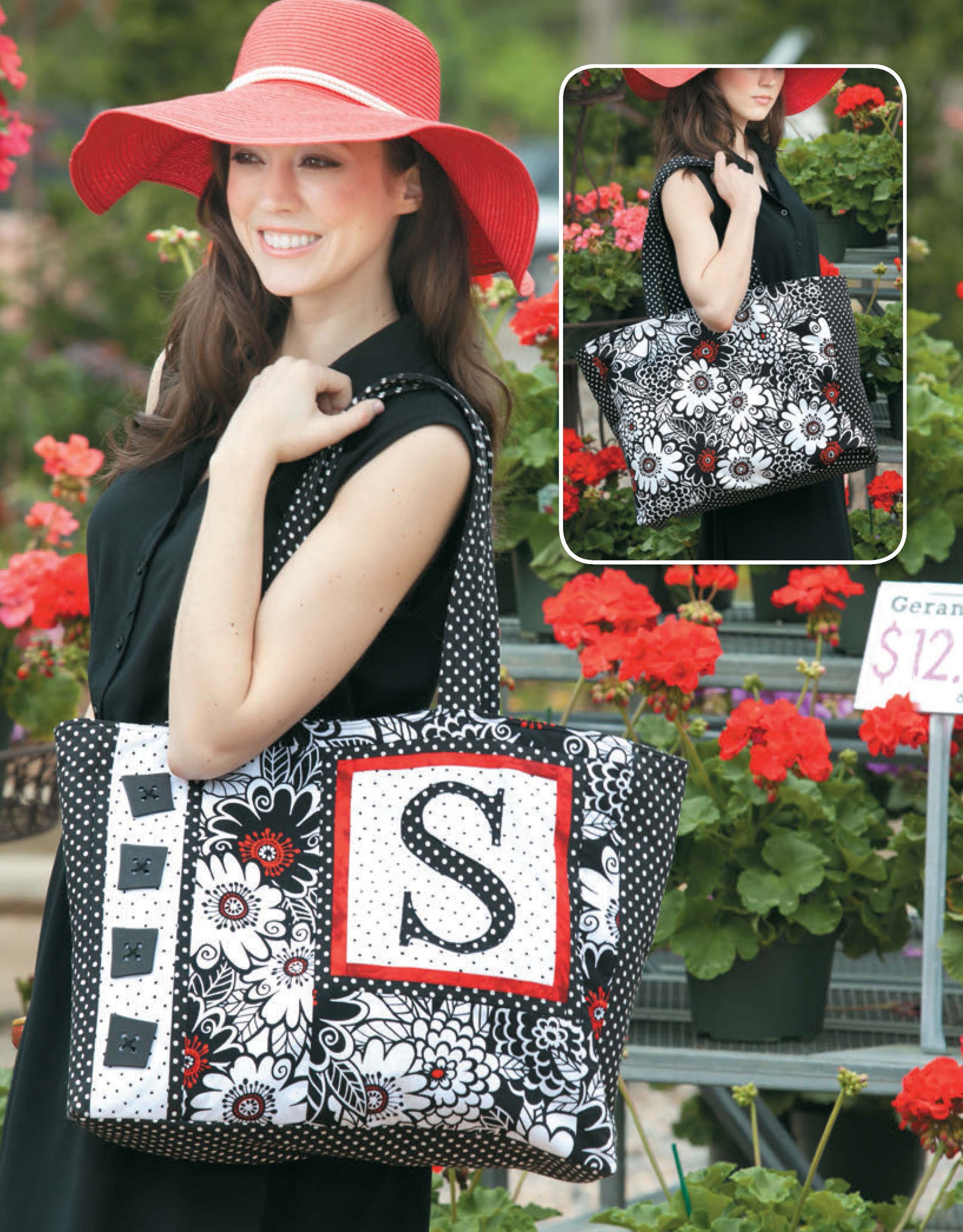 A smiling woman in a red sunhat holds a black-and-white floral tote with an S, made from fat quarters. An inset shows the tote’s design. Tote pattern is from Sew Totes & Bags Digital Download by Leisure Arts.