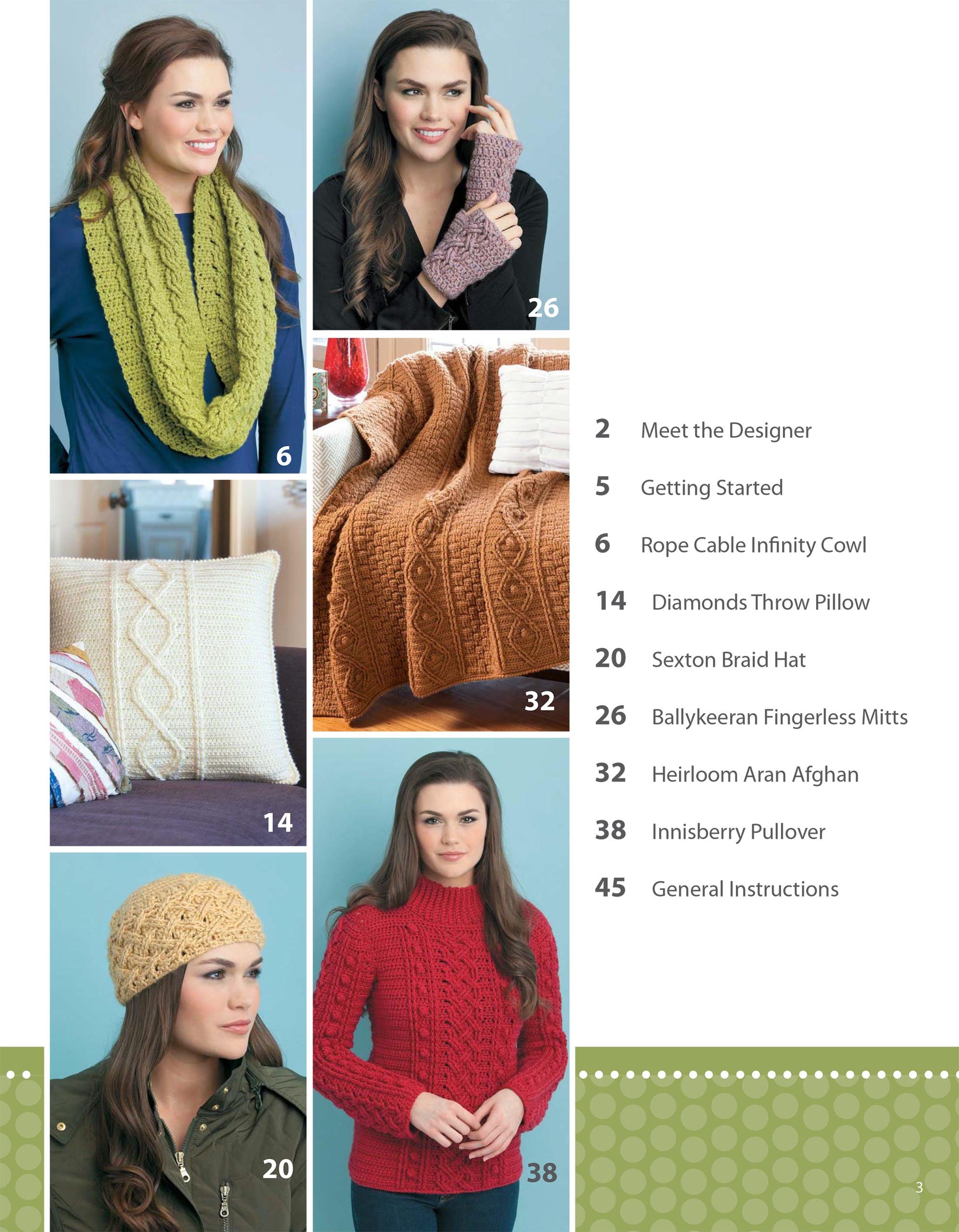 A collage for Leisure Arts' "Beginner's Guide to Crochet Cables" shows a green infinity scarf, aran afghan, brown fingerless mitts, white pillow, and two women in crochet cable sweaters; contents list displayed on the right.