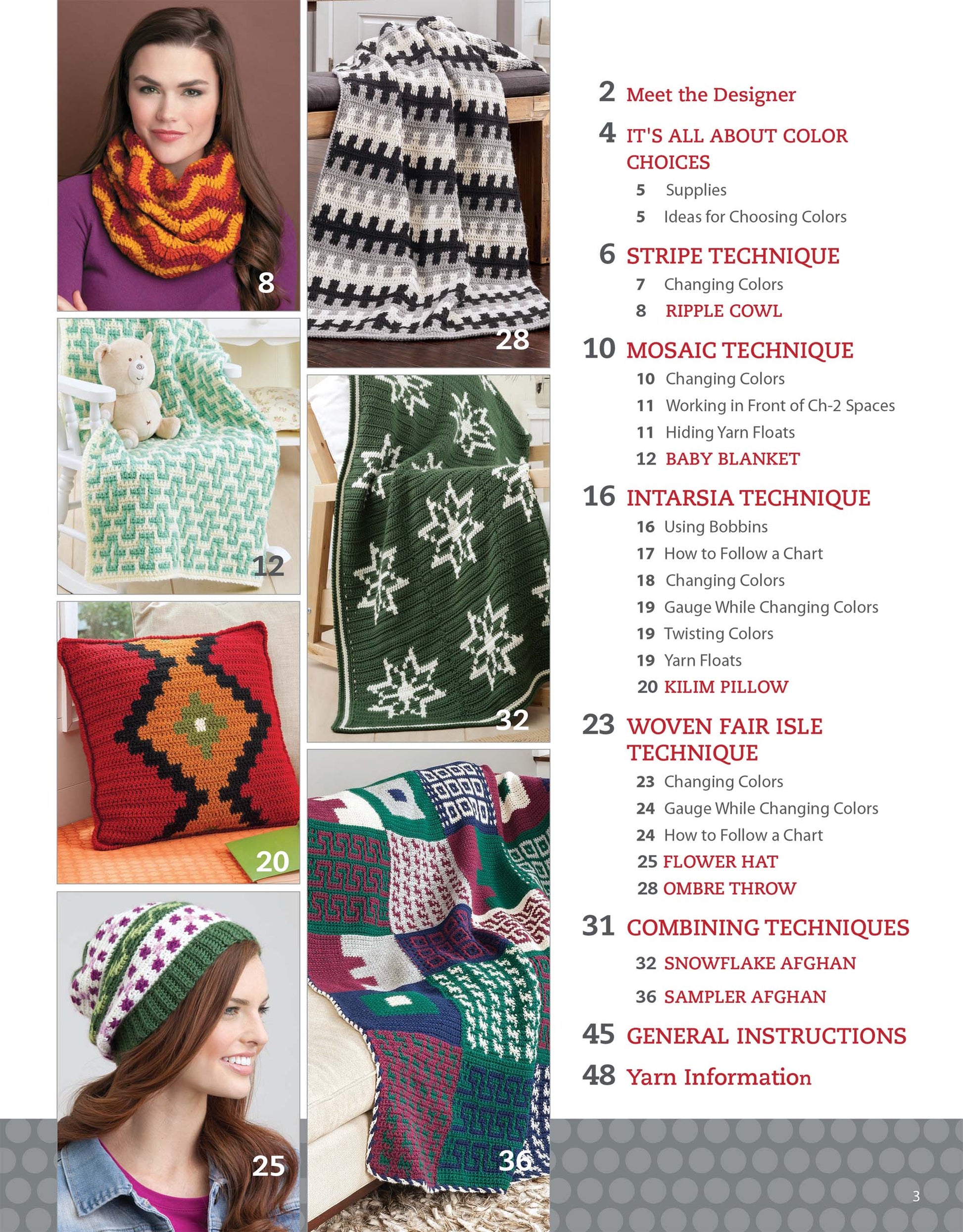 A page from the Beginner’s Guide to Crochet Color Work by Leisure Arts shows a table of contents and photos of vibrant crochet scarves, afghans, cushions, and hats in mosaic and fair isle styles.