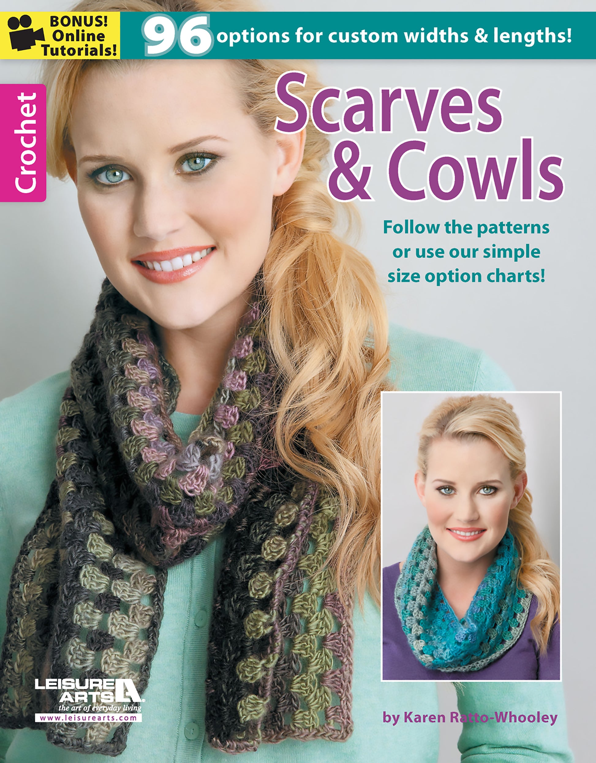A smiling blonde woman models a chunky green, gray, and purple scarf, with an inset of her in a blue and purple cowl. Featured on the cover of Leisure Arts' "Crochet Scarves & Cowls Digital Download" pattern book.