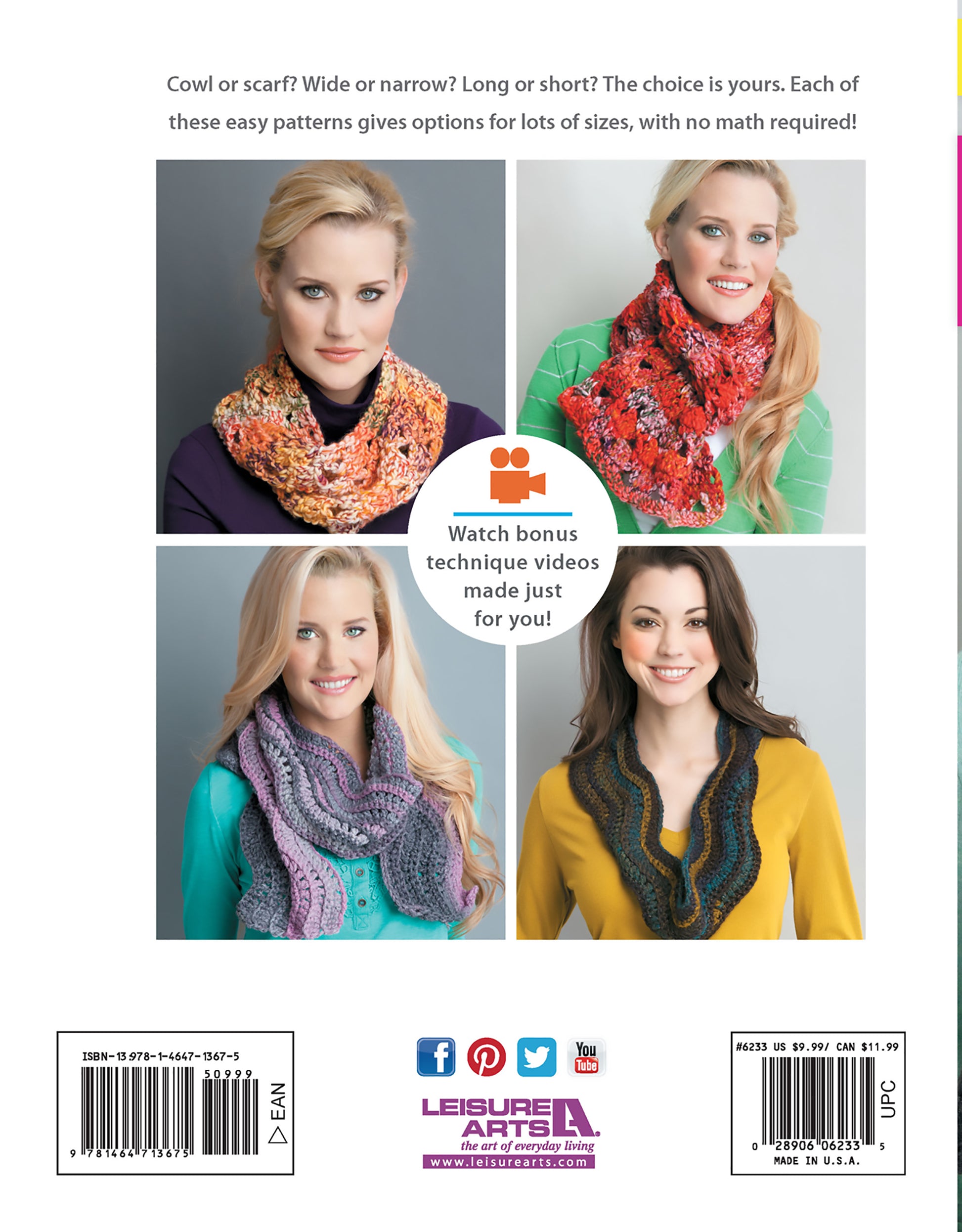 Four women model vibrant scarf and cowl designs for beginners in "Crochet Scarves & Cowls Digital Download" by Leisure Arts, smiling against simple backdrops. A circular label highlights bonus video tutorials; brand logo appears below.