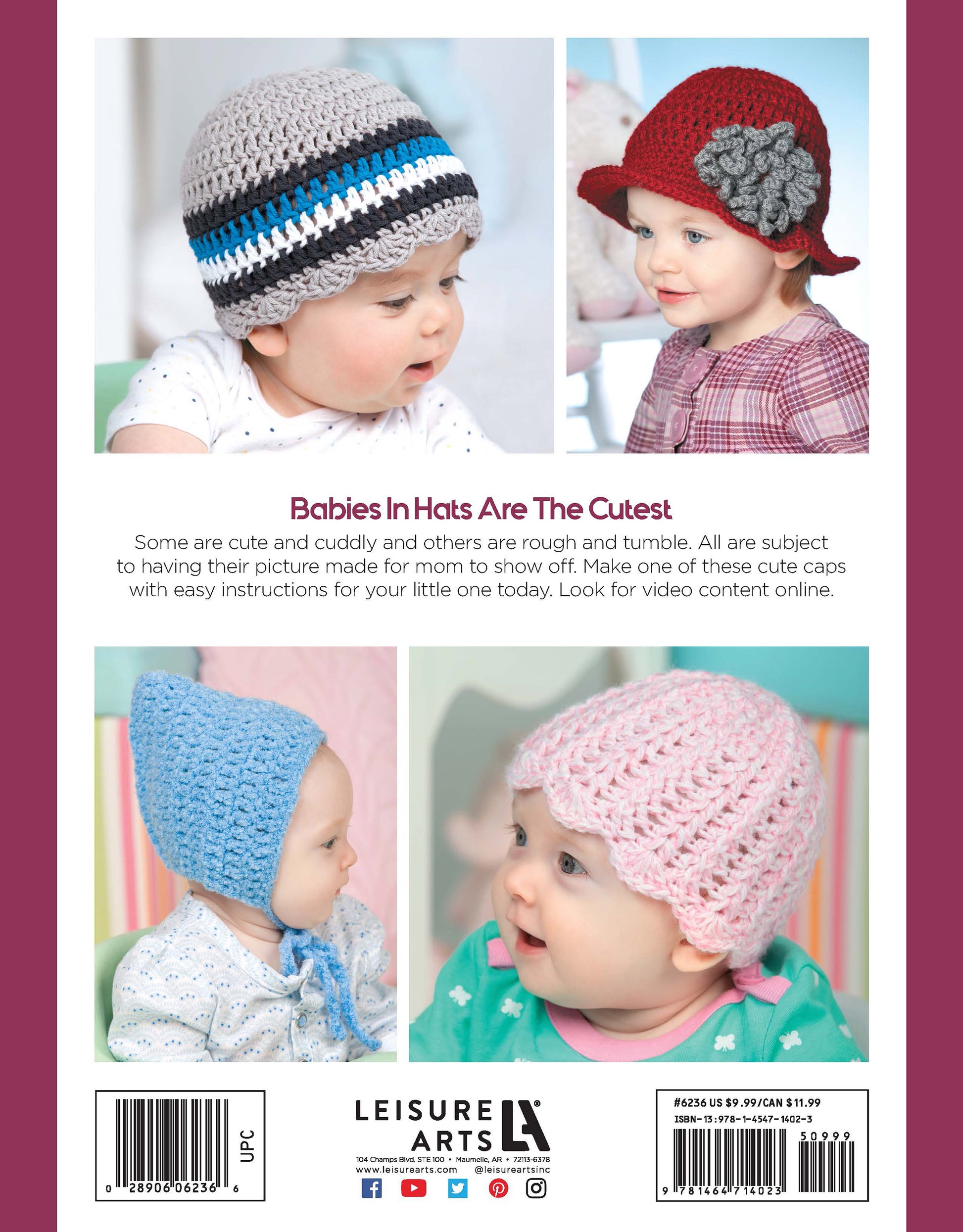 Four babies model cute hats from Leisure Arts' "Baby Hats—10 Quick and Easy Patterns Written in Three Sizes," featuring a gray/blue striped beanie, red hat with gray flower, light blue bonnet, and pink beanie—a great source of newborn crochet inspiration.