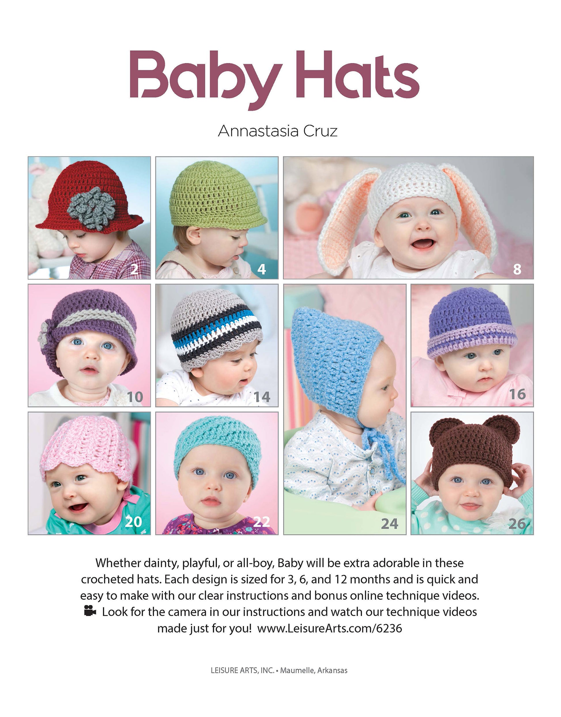 A collage of nine babies wearing Leisure Arts’ “Baby Hats—10 Quick and Easy Patterns,” featuring flowers, stripes, bunny and bear ears in pastels. These beginner hats come in 3, 6, and 12-month sizes.