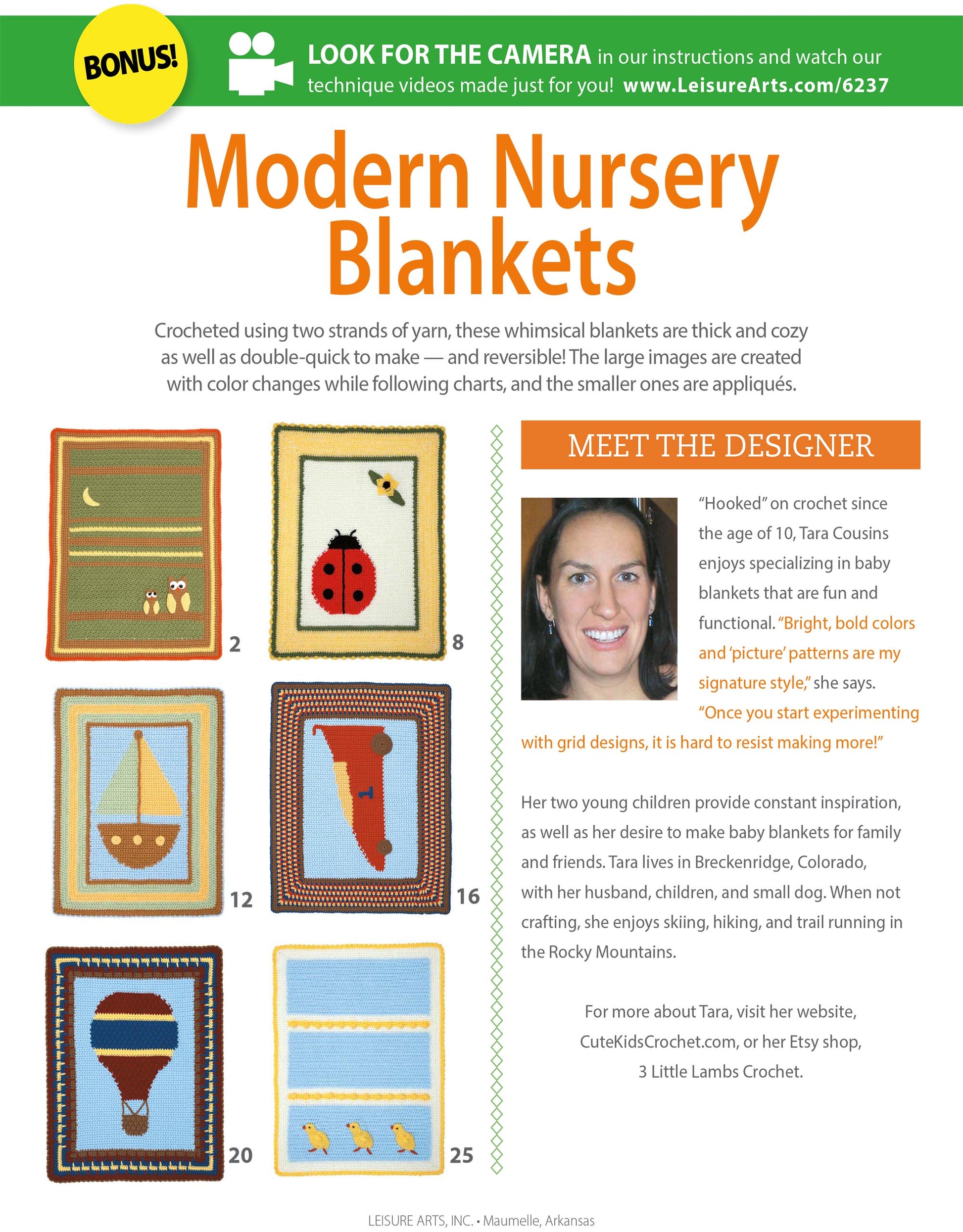 The Modern Nursery Baby Blankets Digital Download from Leisure Arts features four easy crochet patterns for baby blankets with appliqué motifs, plus a designer bio with photo and insights into her inspiration for kids’ crochet designs.