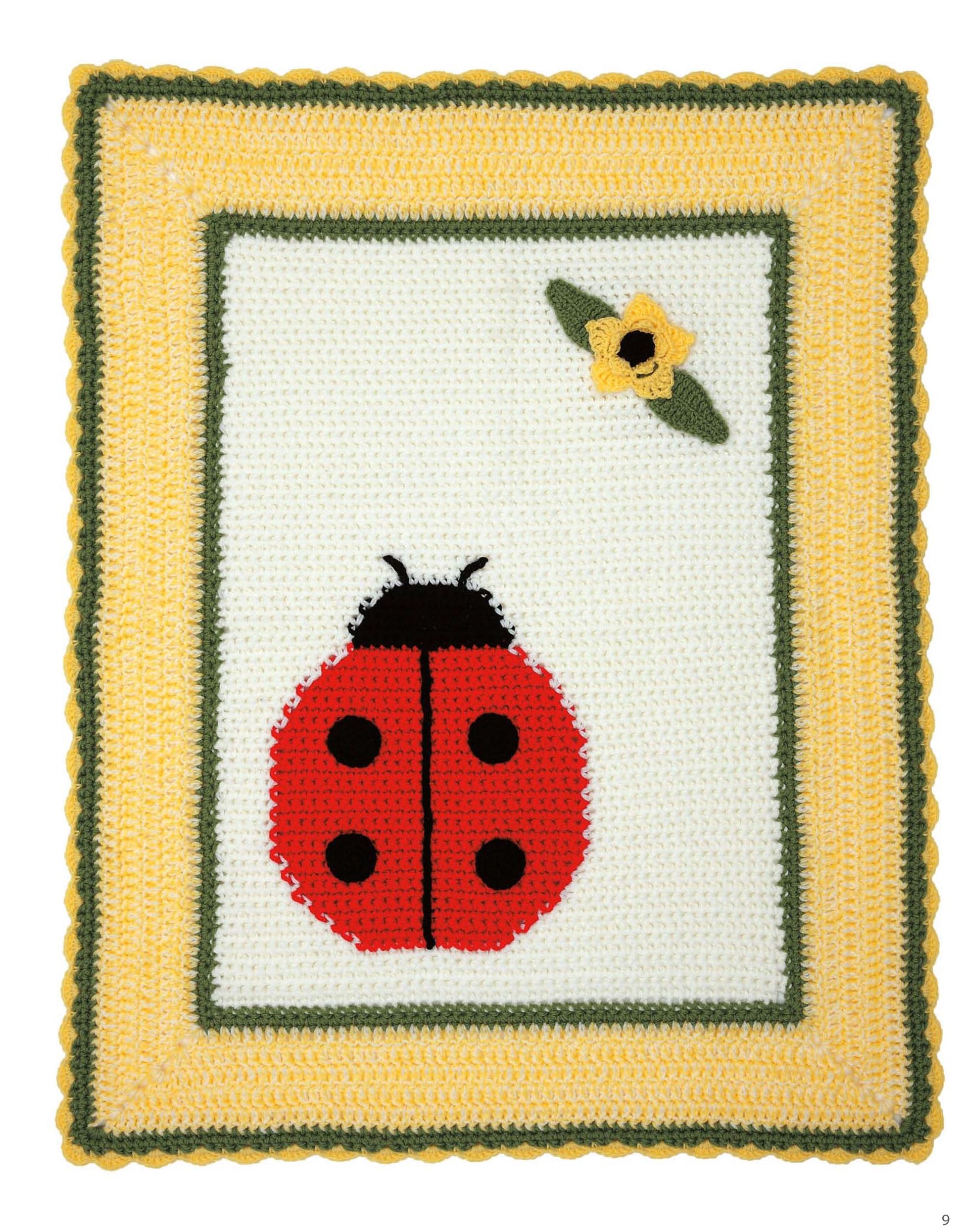 The Modern Nursery Baby Blankets Digital Download by Leisure Arts features easy crochet patterns, including a blanket with a yellow scalloped border, green edging, and a big red ladybug—perfect for kids or beginner projects.
