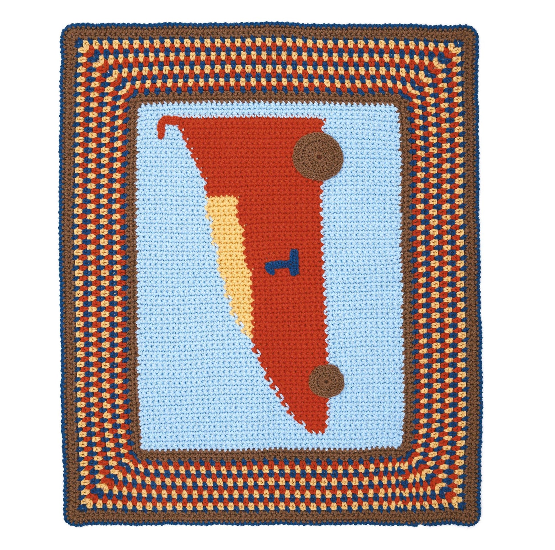 The Modern Nursery Baby Blankets Digital Download by Leisure Arts features crocheted art with a red car, brown wheels, and yellow headlight on a blue background—ideal for beginner projects or playful designs for kids.