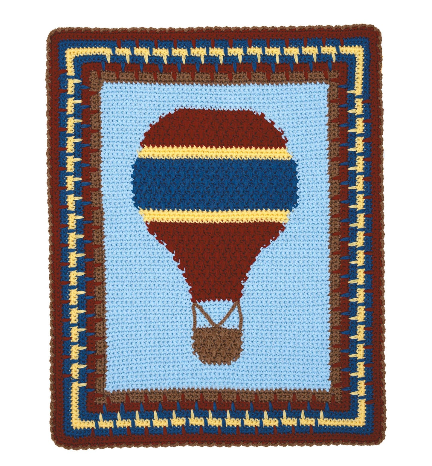 The Modern Nursery Baby Blankets Digital Download by Leisure Arts features a crocheted hot air balloon in red, yellow, blue, and brown on light blue with geometric borders—perfect for beginner projects and fun designs for kids.