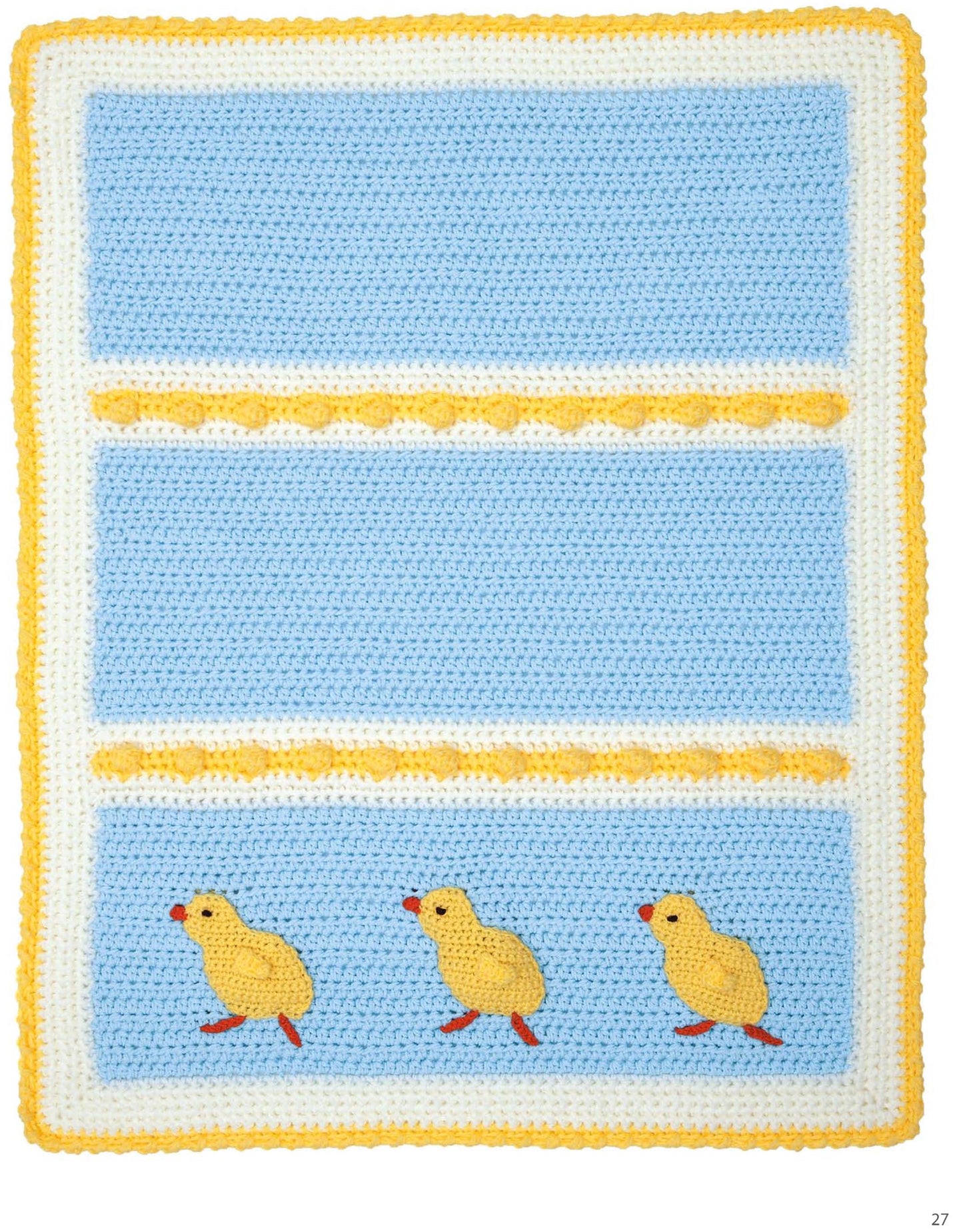 The Modern Nursery Baby Blankets Digital Download by Leisure Arts features a crocheted baby blanket with blue and white stripes, yellow bands, and three yellow chicks—perfect for beginner crochet projects or charming nursery designs.
