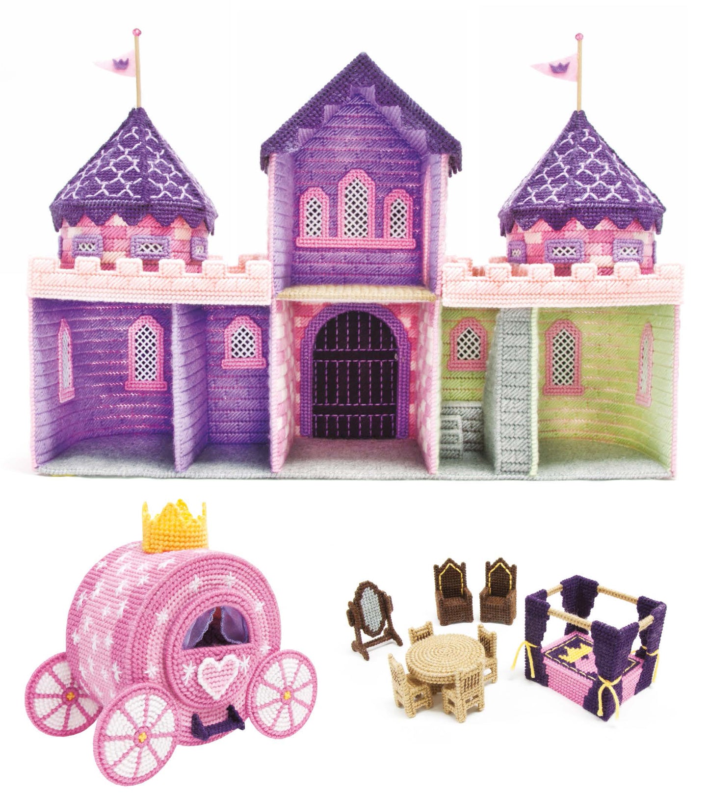 The Best of Mary Maxim Fairy Tale Castle Digital Download by Leisure Arts features a purple and pink plastic canvas castle with towers, flags, a two-story central building, pink carriage with yellow top, and miniature needlepoint furnishings.
