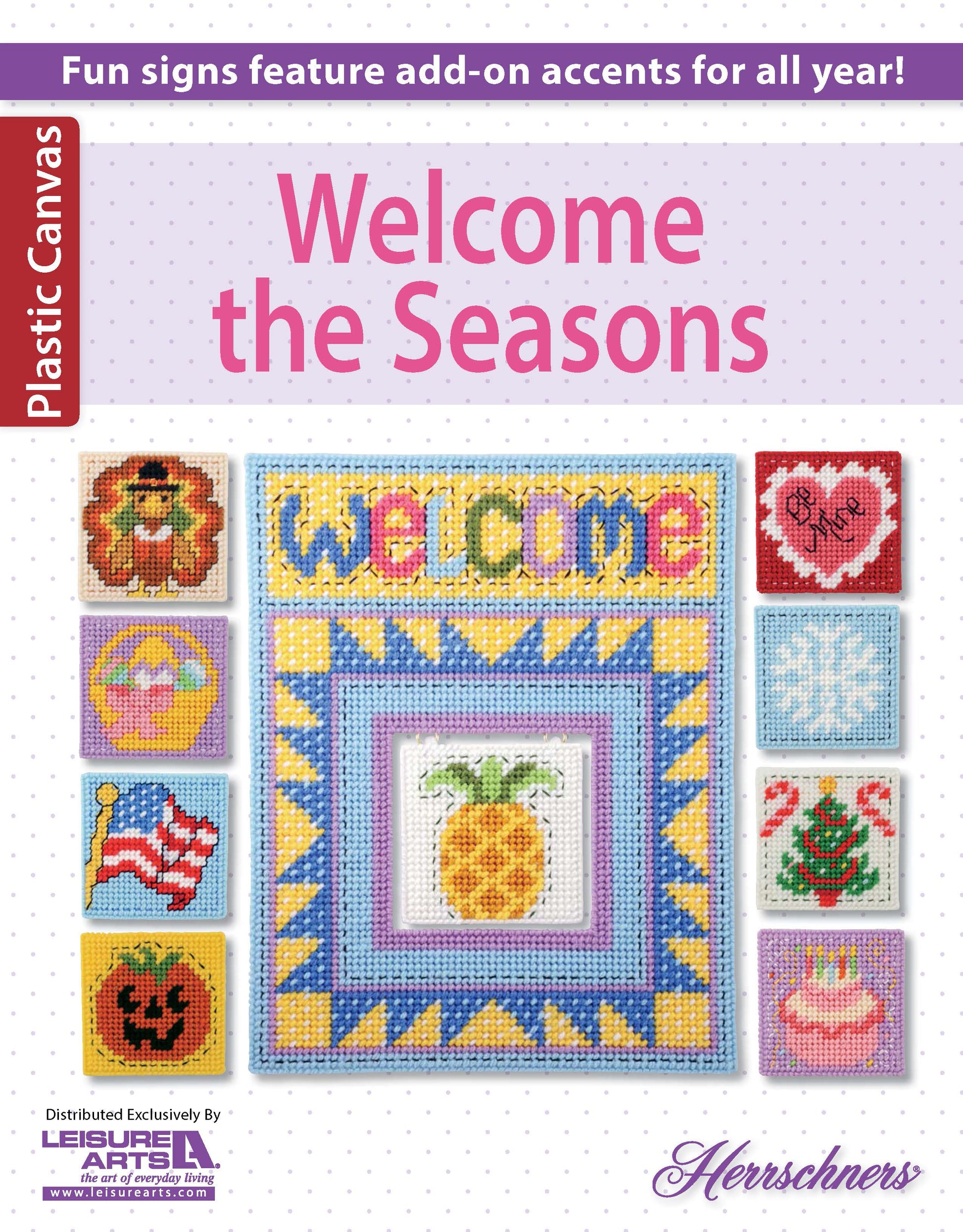 Cover of "Welcome the Seasons Plastic Canvas Projects" by Leisure Arts, showcasing colorful door signs with a pineapple and 8 small interchangeable seasonal wall decorations—perfect for holiday plaques.