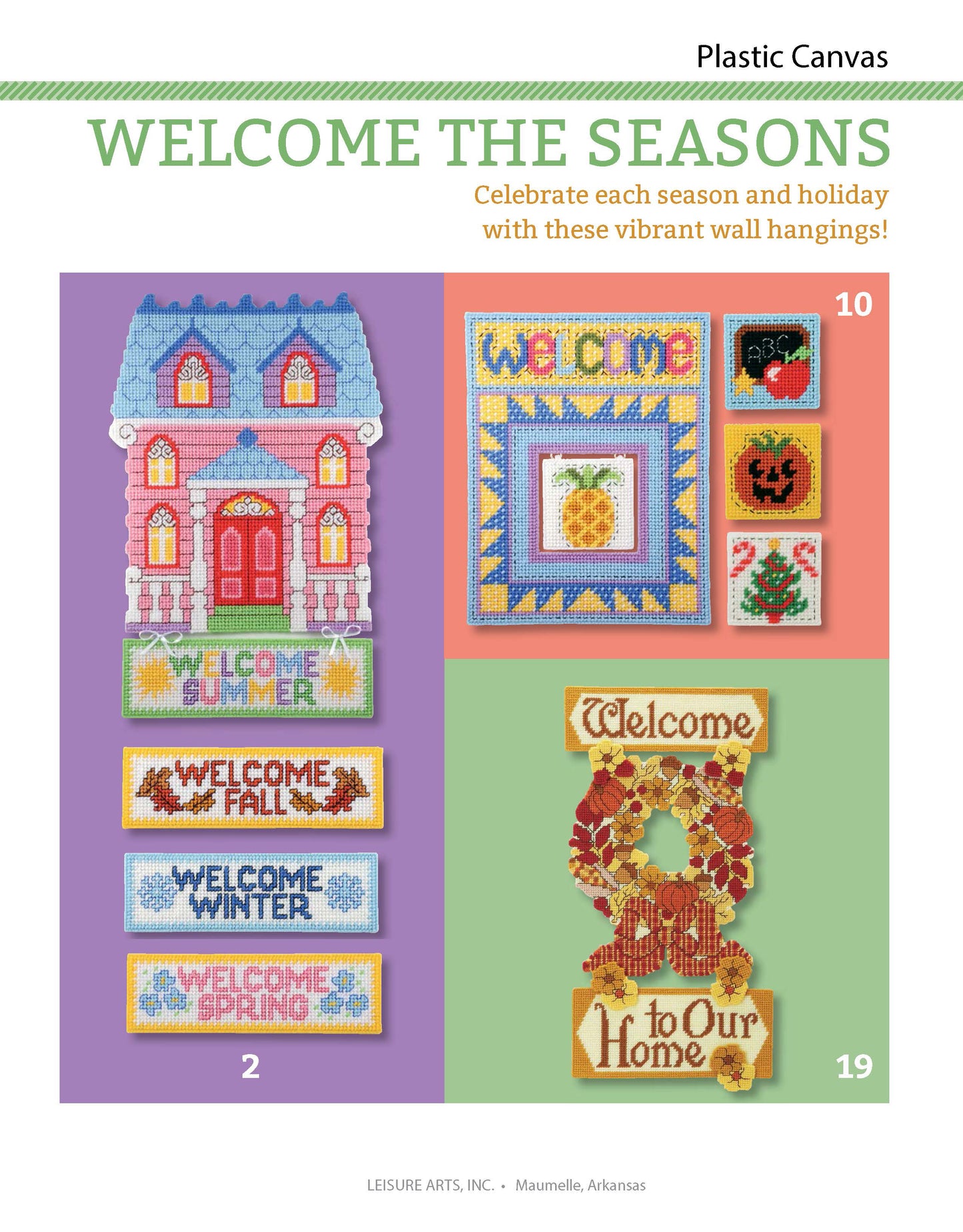 Cover of "Welcome the Seasons Plastic Canvas Projects" by Leisure Arts shows colorful seasonal wall decor—house, wreath, and welcome door signs for summer, fall, winter, and spring. Text reads “WELCOME THE SEASONS.”.