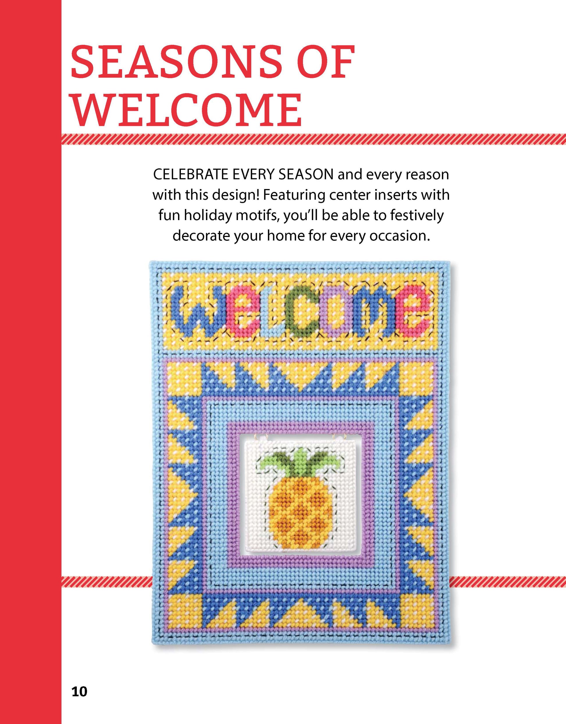 The Leisure Arts Welcome the Seasons Plastic Canvas Projects features a colorful needlepoint design with "welcome" at the top, a large pineapple in the center, and blue-yellow geometric borders—ideal for festive seasonal wall decor.