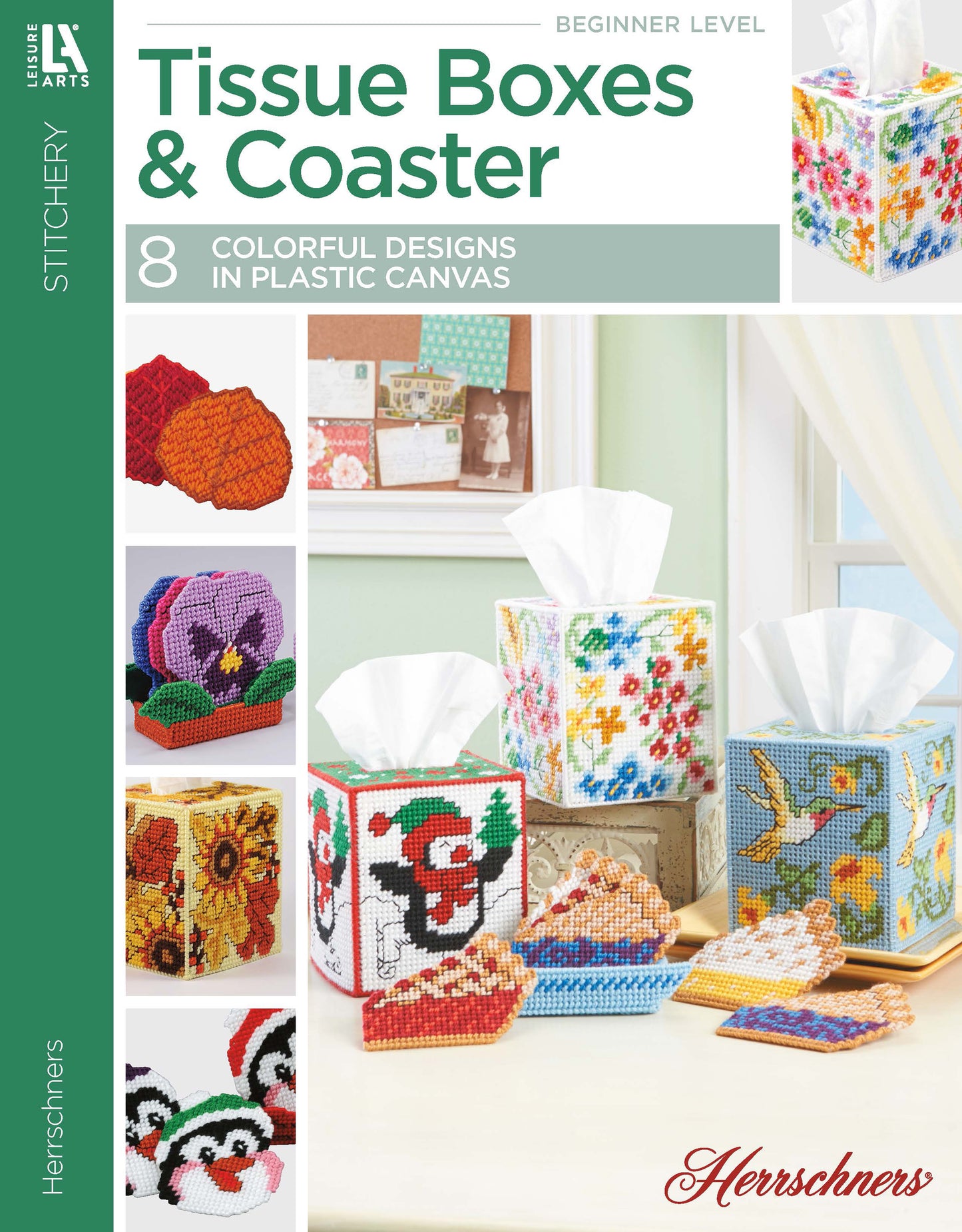 A Leisure Arts craft ebook, "Tissue Boxes & Coasters Digital Download," features 8 vibrant plastic canvas designs for tissue box covers and matching coasters with flowers, animals, and seasonal motifs.