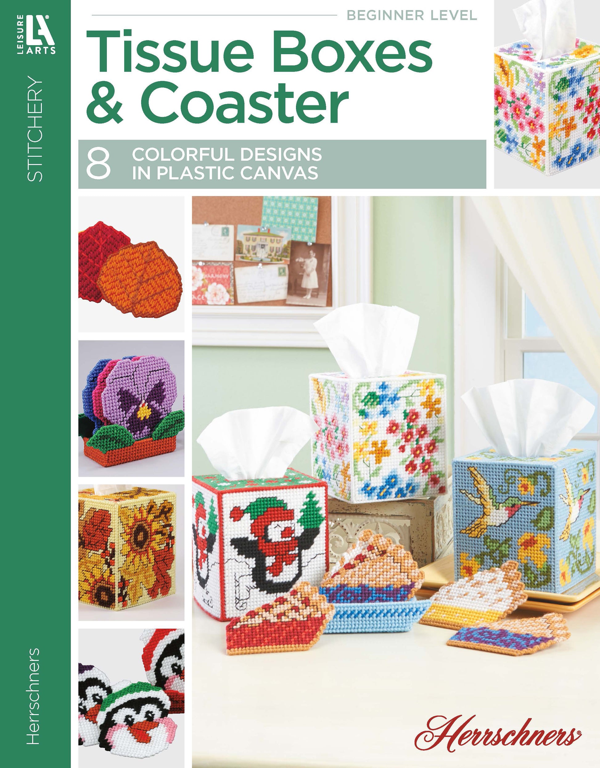 A Leisure Arts craft ebook, "Tissue Boxes & Coasters Digital Download," features 8 vibrant plastic canvas designs for tissue box covers and matching coasters with flowers, animals, and seasonal motifs.