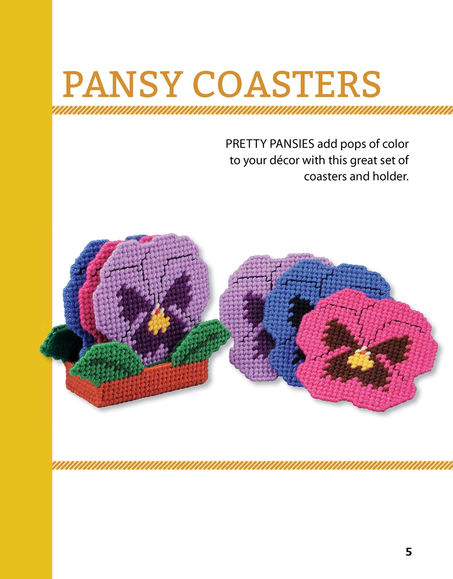 Add crafty charm to your décor with Leisure Arts' "Tissue Boxes & Coasters" digital download, featuring colorful pansy-shaped coasters in purple, pink, and blue plus a matching flower box holder.