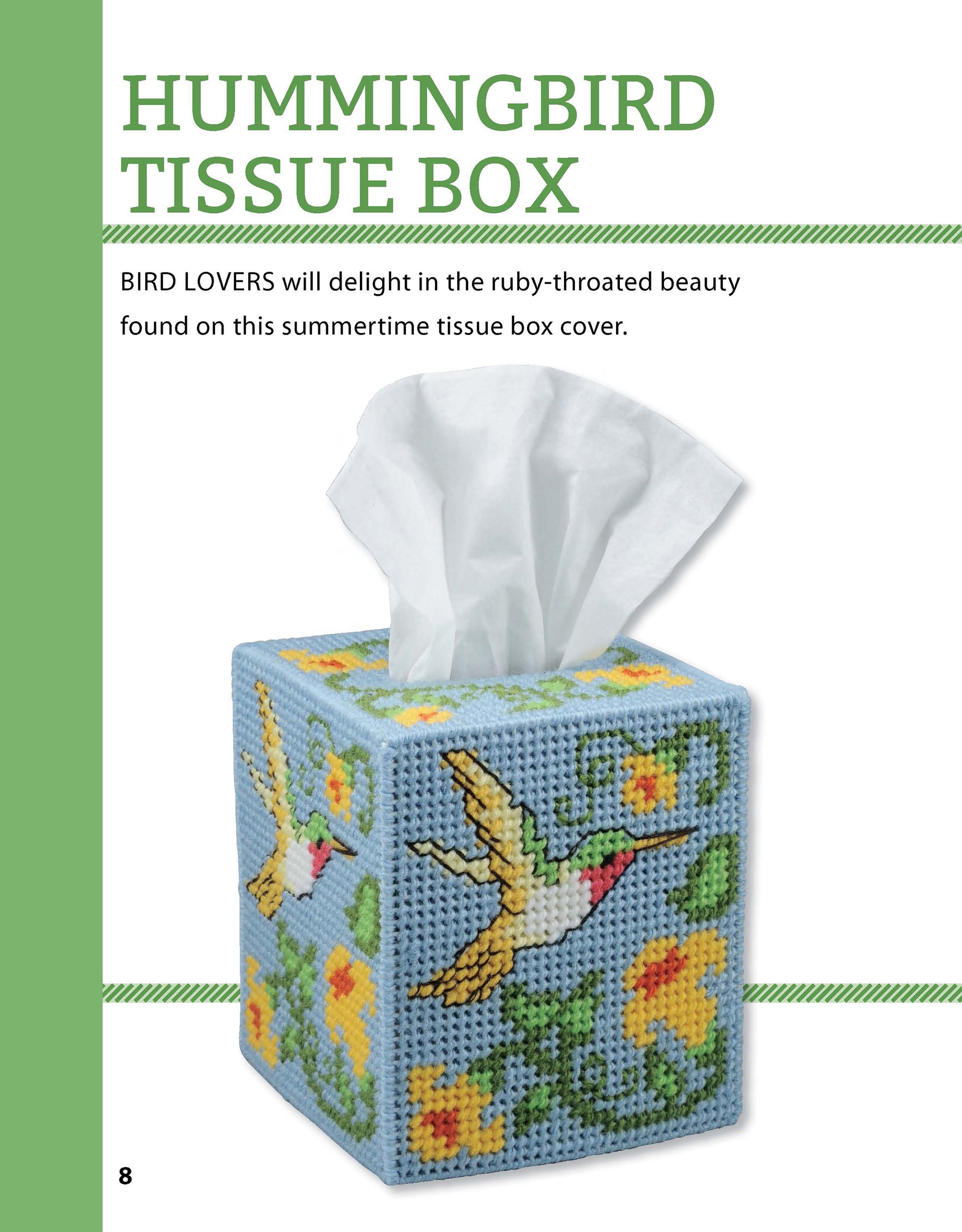 A digital download from Leisure Arts, "Tissue Boxes & Coasters," features a plastic canvas tissue box cover with a needlepoint hummingbird and yellow flowers on light blue, tissues emerging from the top.