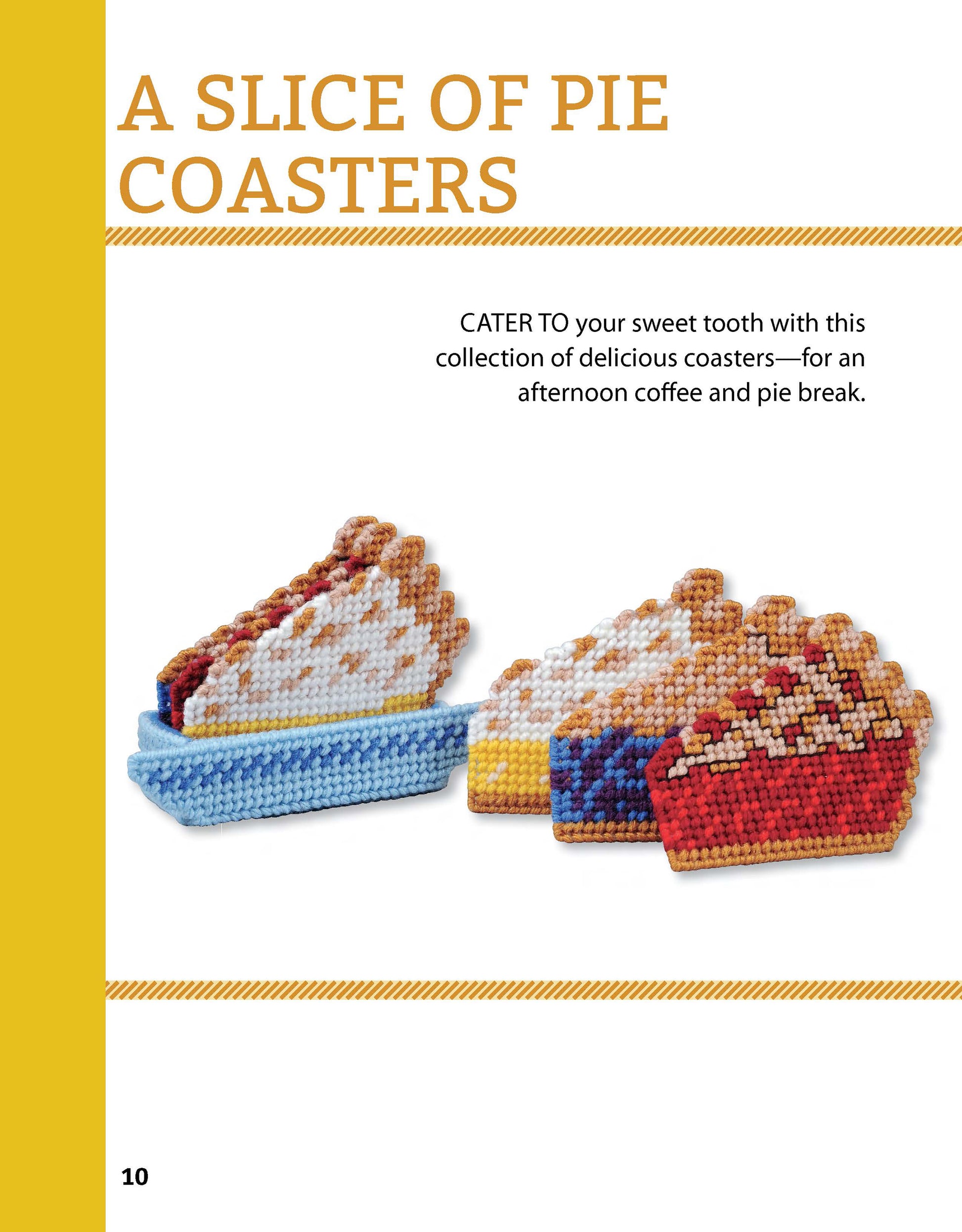 Leisure Arts’ Tissue Boxes & Coasters Digital Download is shown with colorful pie slice plastic canvas coasters on a white surface, "A SLICE OF PIE COASTERS" above, and a brief description for charming table decor or matching tissue boxes.
