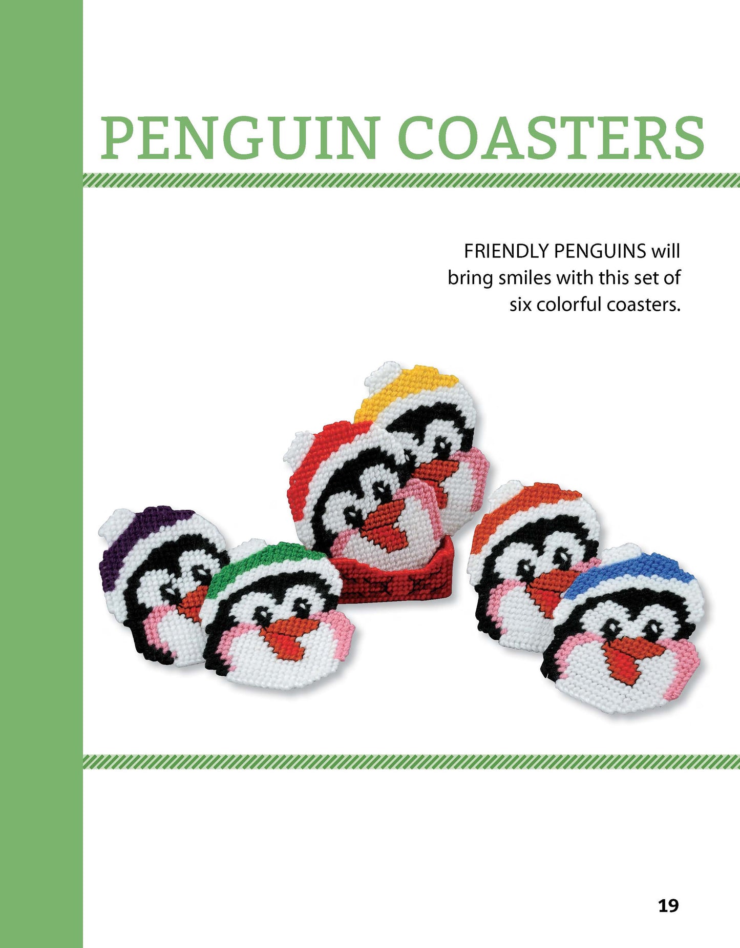 The Leisure Arts Tissue Boxes & Coasters Digital Download features a craft book page titled Penguin Coasters with six colorful plastic canvas coasters—each sporting a penguin in a different hat—perfect to pair with your handmade tissue box.