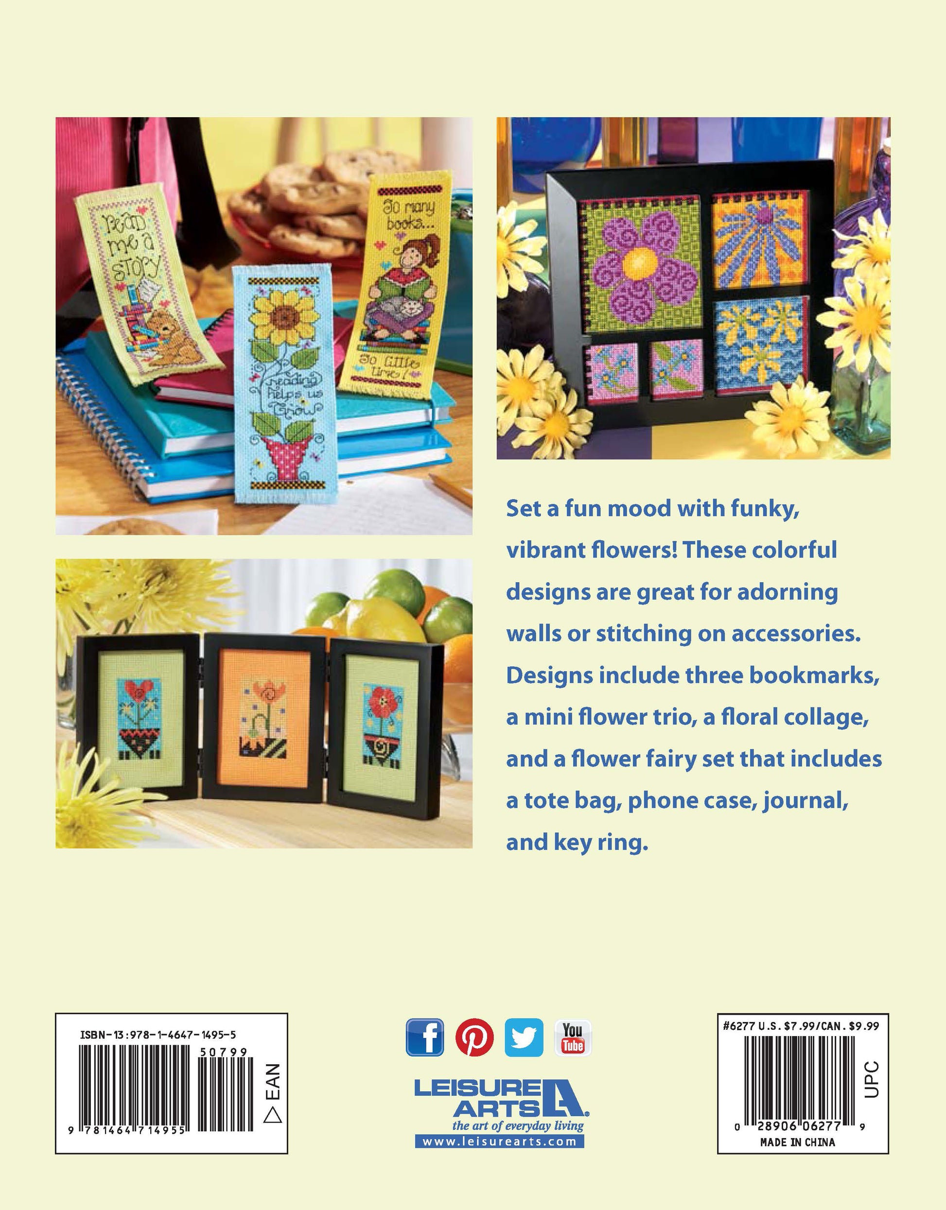 Three photos showcase Leisure Arts’ Bright Blooms Cross Stitch bookmarks and cards featuring vibrant floral patterns and playful sayings, arranged with cheerful decor like flowers and vases on a colorful background.
