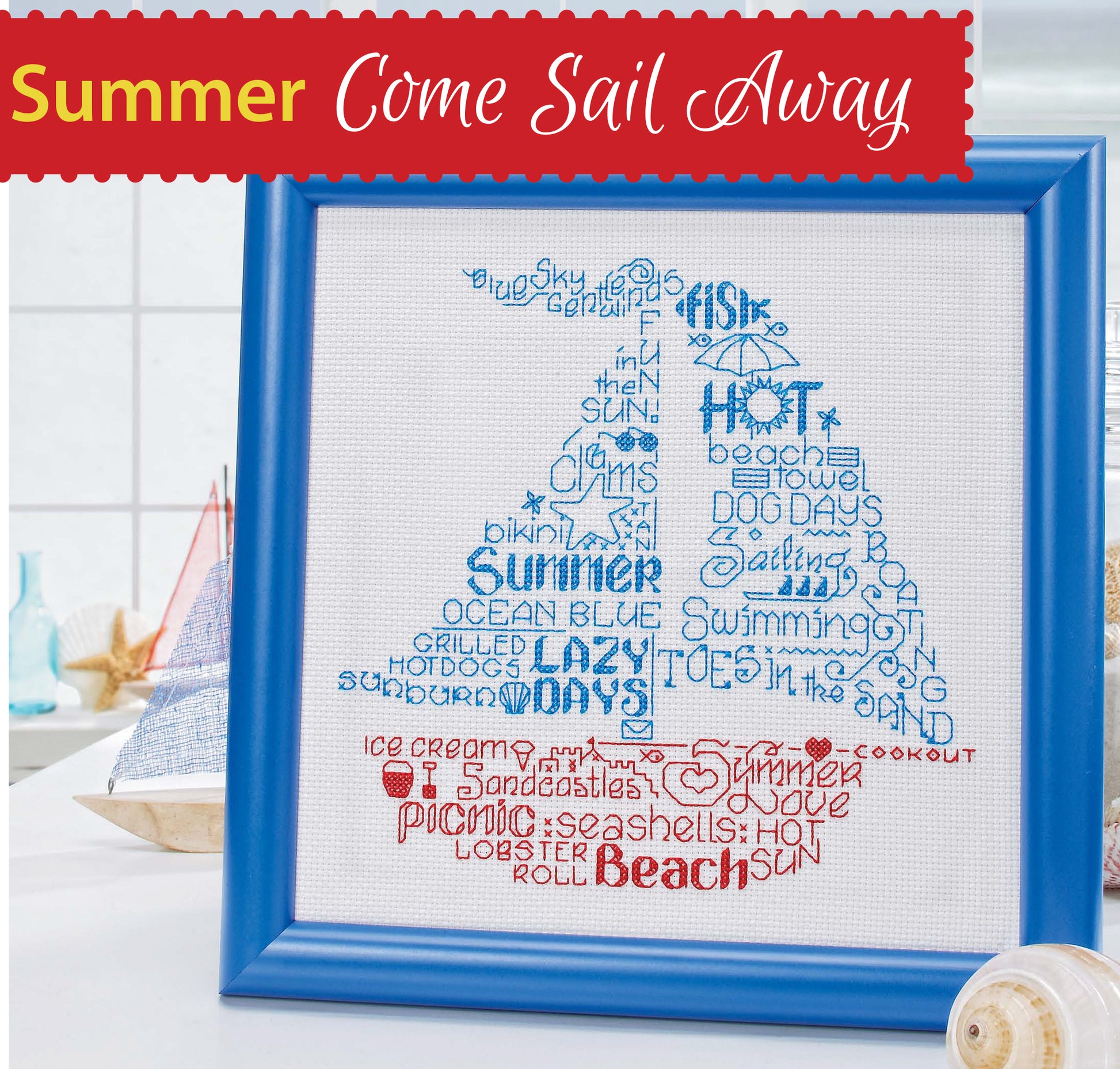 The Seasonal Wordplay Cross Stitch Digital Download by Leisure Arts features a sailboat-shaped, summer-themed word cloud stitched on 14 count Aida—featuring words like beach and sailing in blue and red—perfect for vibrant home décor.