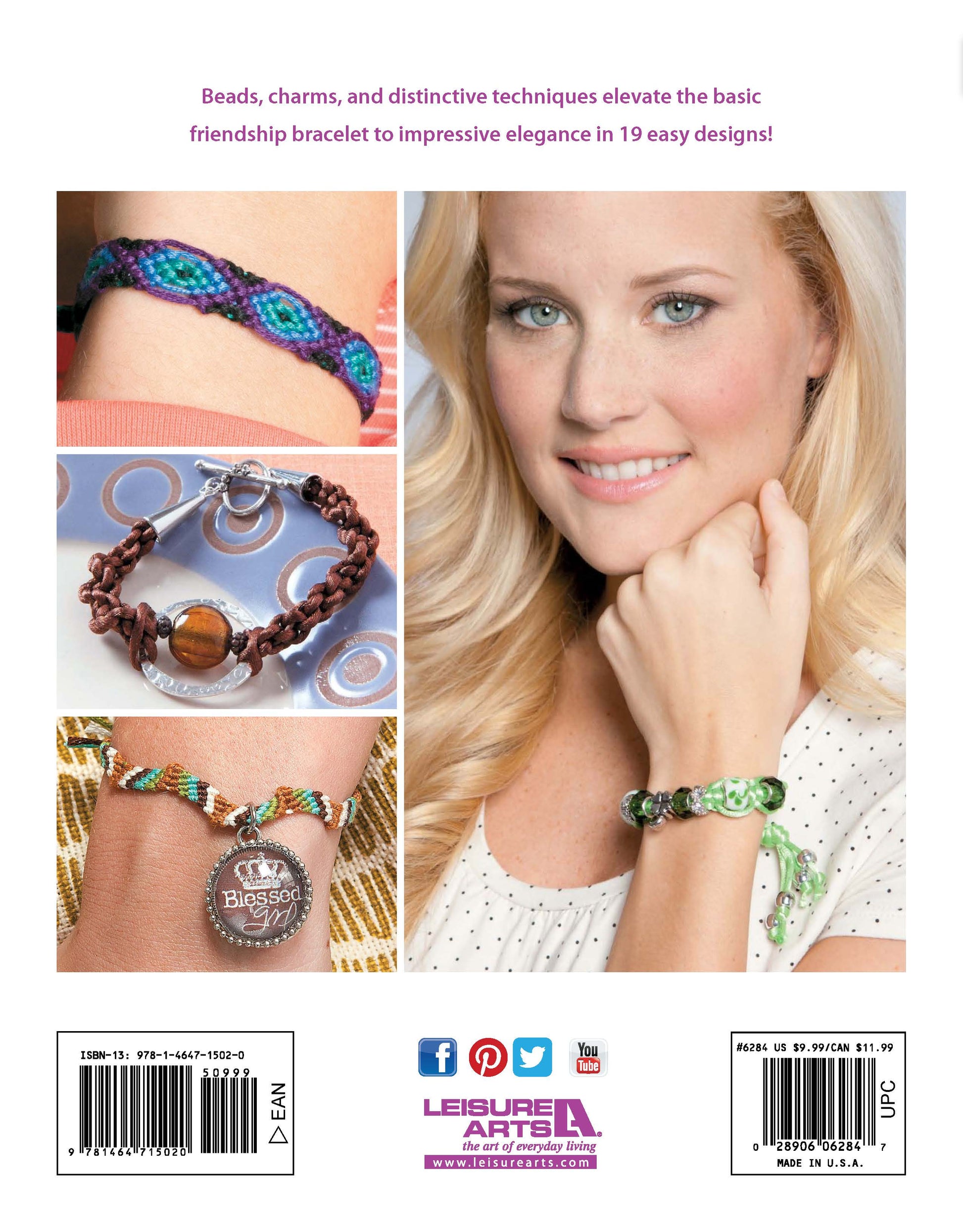 A collage for Leisure Arts’ "Friendship Bracelets Beyond the Basics Digital Download" shows a blonde woman modeling a green and silver beaded bracelet with close-ups of three unique handmade friendship bracelet designs. Social icons and barcode appear below.