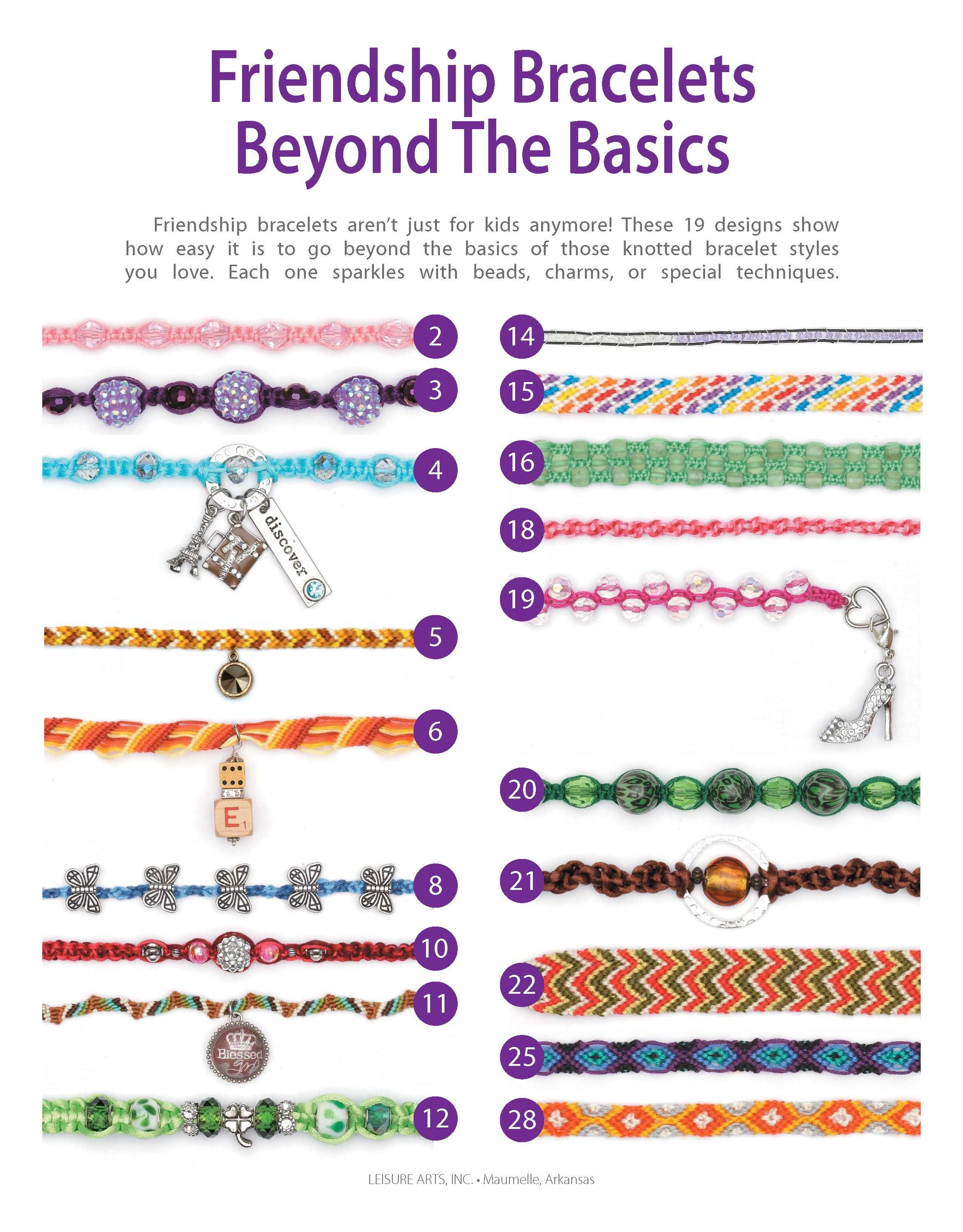 Under the title “Friendship Bracelets Beyond the Basics,” Leisure Arts' digital download displays colorful friendship bracelets with unique beadwork and creative designs, arranged in numbered rows on a white background.