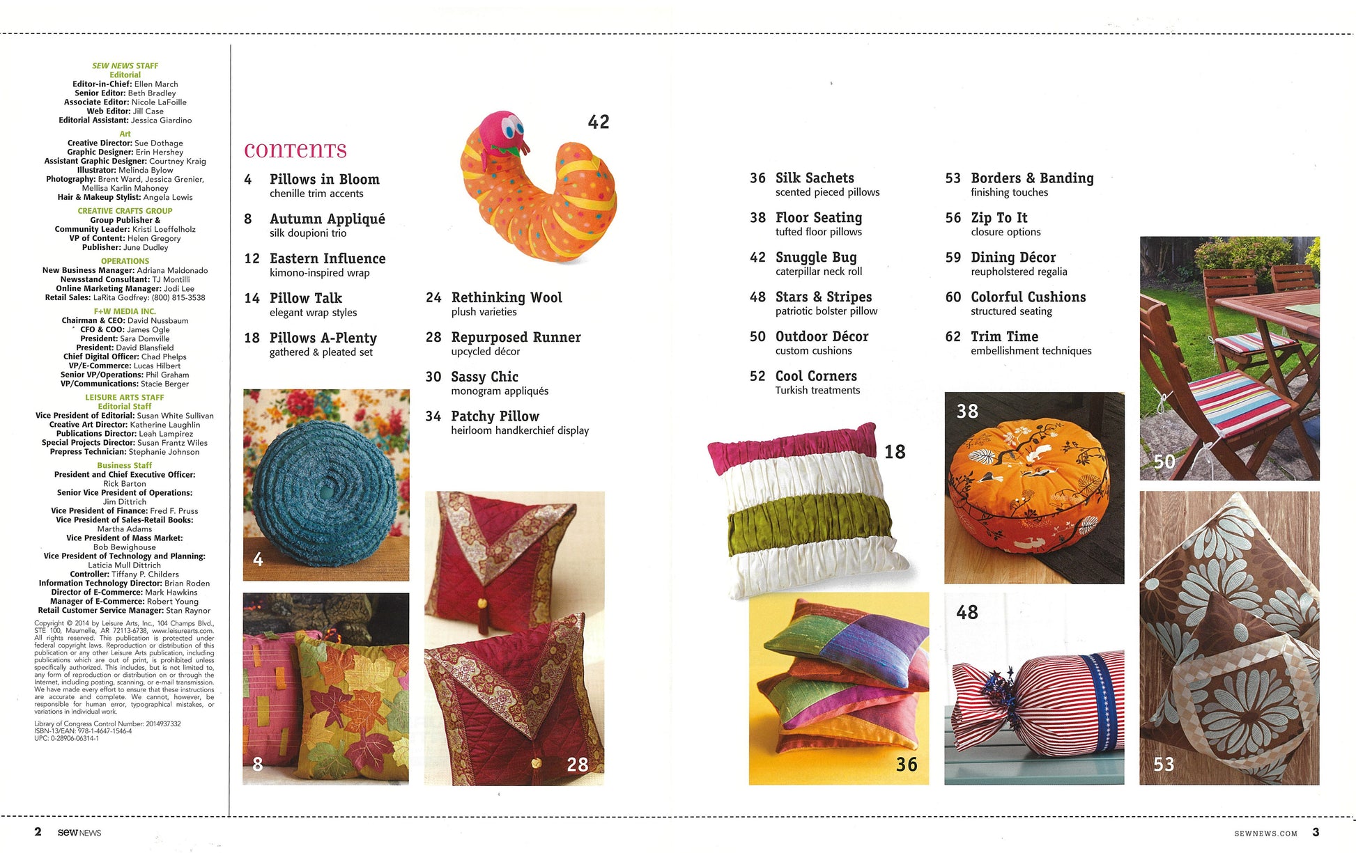 A Best of Sew News magazine spread shows a table of contents with photos of vibrant pillow and cushion projects from Pillows—Accent Your Home with Plush Comfort & Style! by Leisure Arts, each image paired with its page number.
