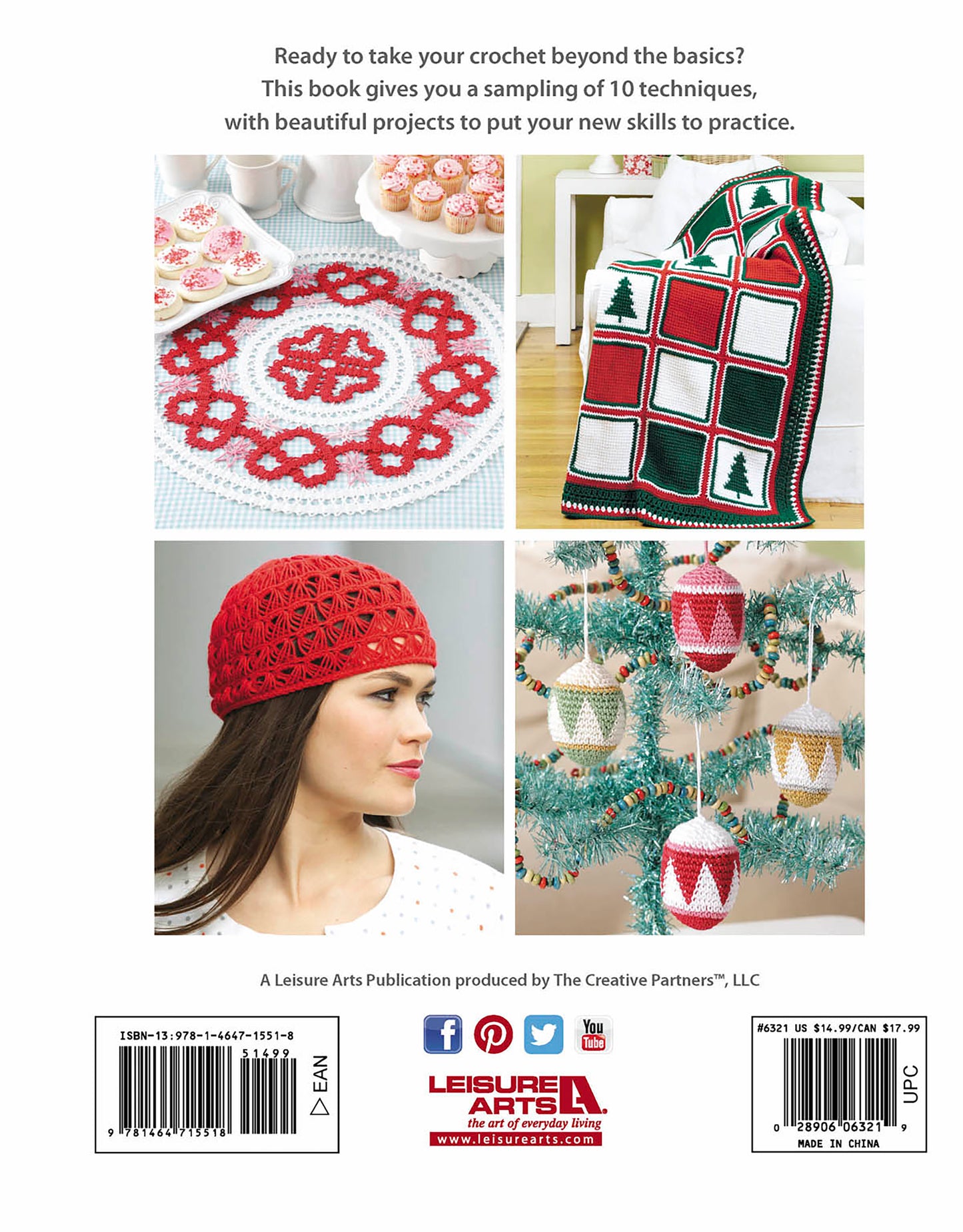 The back cover of Crochet Beyond the Basics by Leisure Arts features four festive projects: holiday cookies, a red and white table mat, an advent calendar blanket, and Christmas tree ornaments using creative crochet techniques.
