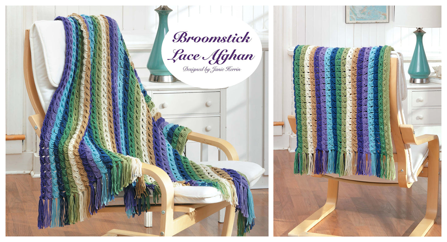 Crochet Beyond the Basics by Leisure Arts, draped over a wooden chair. This striped afghan in purple, blue, green, teal, and cream yarn with fringe is shown from two angles in a bright white room.