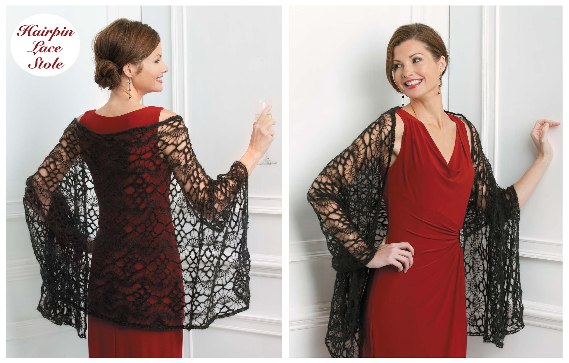 A woman in a red dress models a black, lacy stole made with advanced crochet from Leisure Arts’ “Crochet Beyond the Basics,” posing to show back and front. The text Hairpin Lace Stole appears in the top left corner.