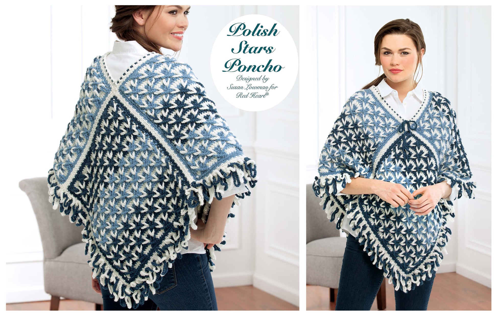 Two women wear blue and white ponchos with star patterns, displaying beautiful crochet work. One stands side, one front, both in a bright room. Text: “Crochet Beyond the Basics” by Leisure Arts.