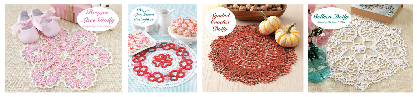 Leisure Arts' "Crochet Beyond the Basics" features four home decor doilies—ballet shoes, cupcakes, pumpkins, and greenery—each labeled by design and expertly crafted using unique crochet techniques.