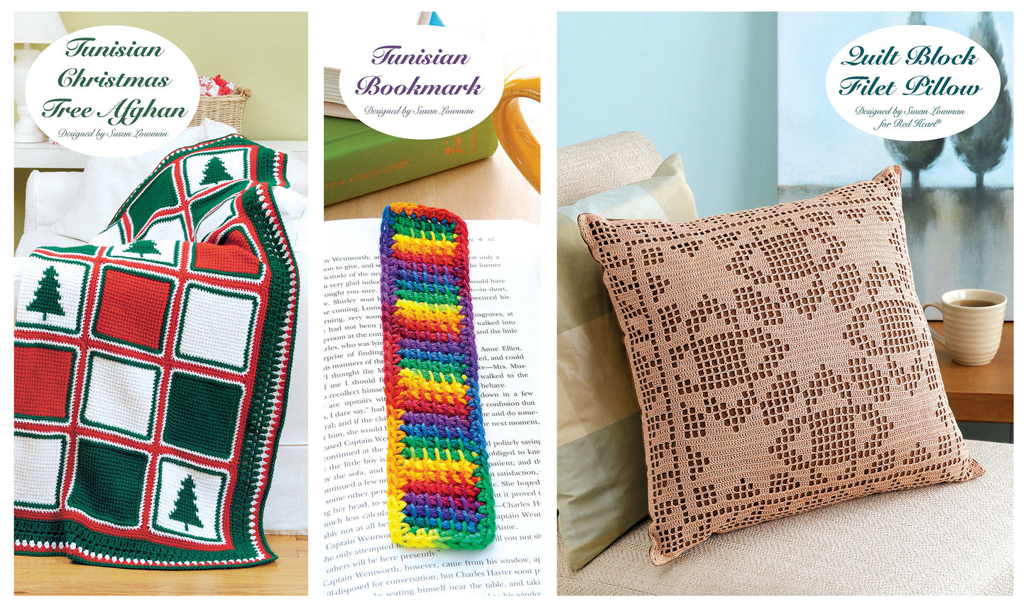 Crochet Beyond the Basics by Leisure Arts features patterns for a festive afghan with tree motifs, a vibrant striped bookmark, and a beige quilt block filet pillow—each highlighting unique home decor crochet techniques.