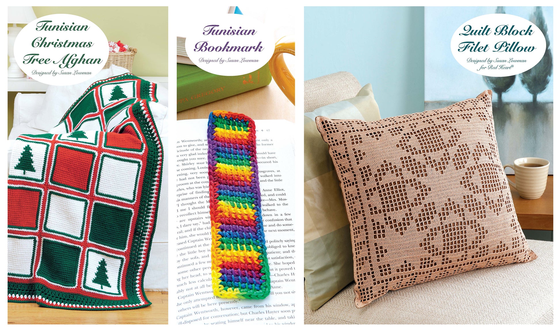Crochet Beyond the Basics by Leisure Arts features patterns for a festive afghan with tree motifs, a vibrant striped bookmark, and a beige quilt block filet pillow—each highlighting unique home decor crochet techniques.