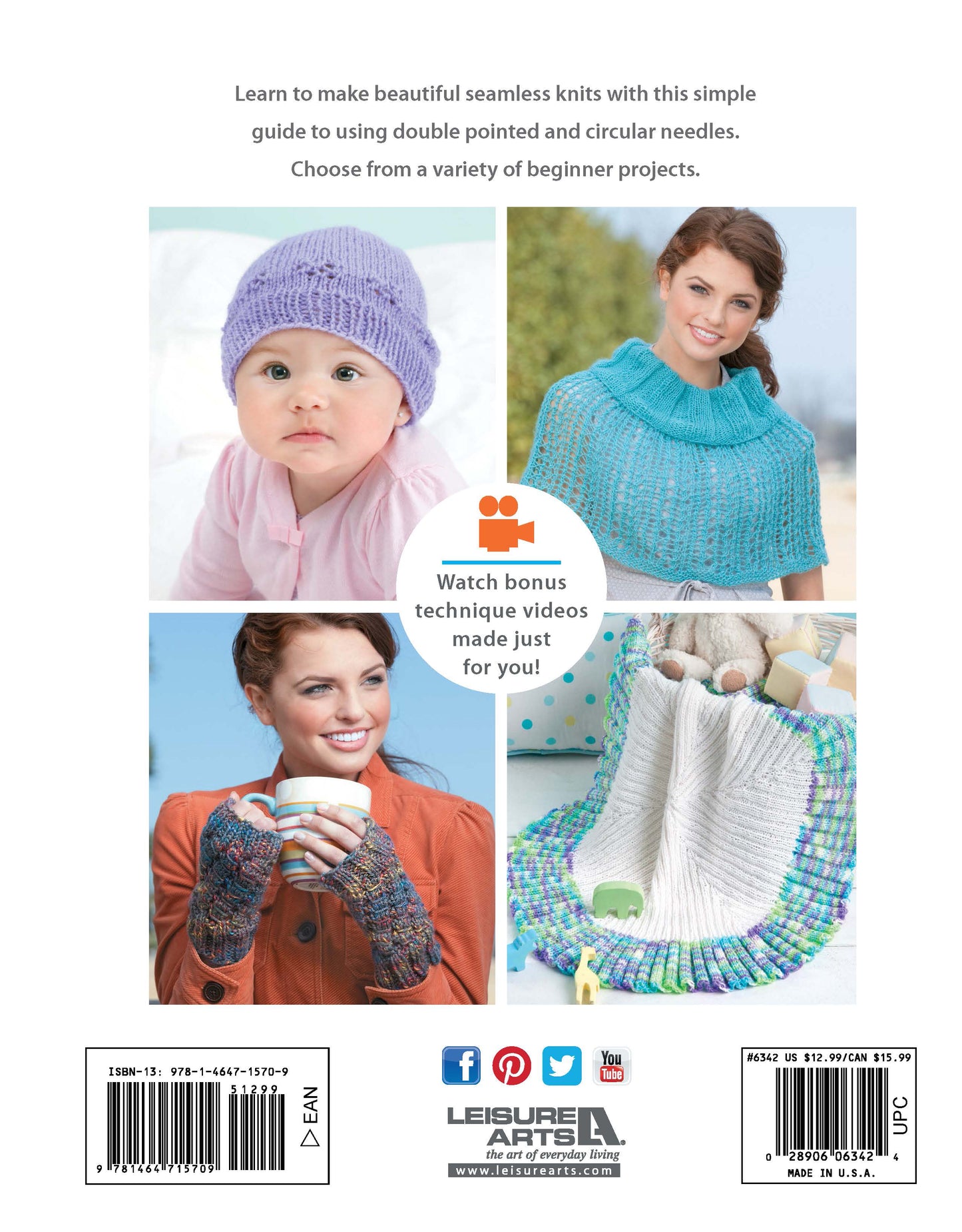 The back cover of Beginner's Guide to Knitting in the Round by Leisure Arts features photos of a baby in a lavender hat, a woman in a turquoise poncho, knit gloves holding a mug, and a white baby blanket—ideal for beginner knitting inspiration.