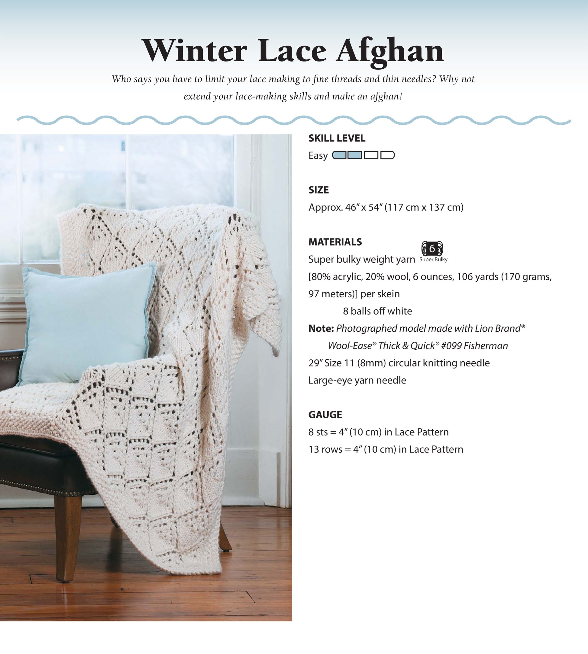 The "Beginner's Guide to Lace Knitting" by Leisure Arts is shown draped over a dark wooden chair with a light blue pillow, highlighting its cozy texture and intricate openwork—perfect for those new to lace knitting.