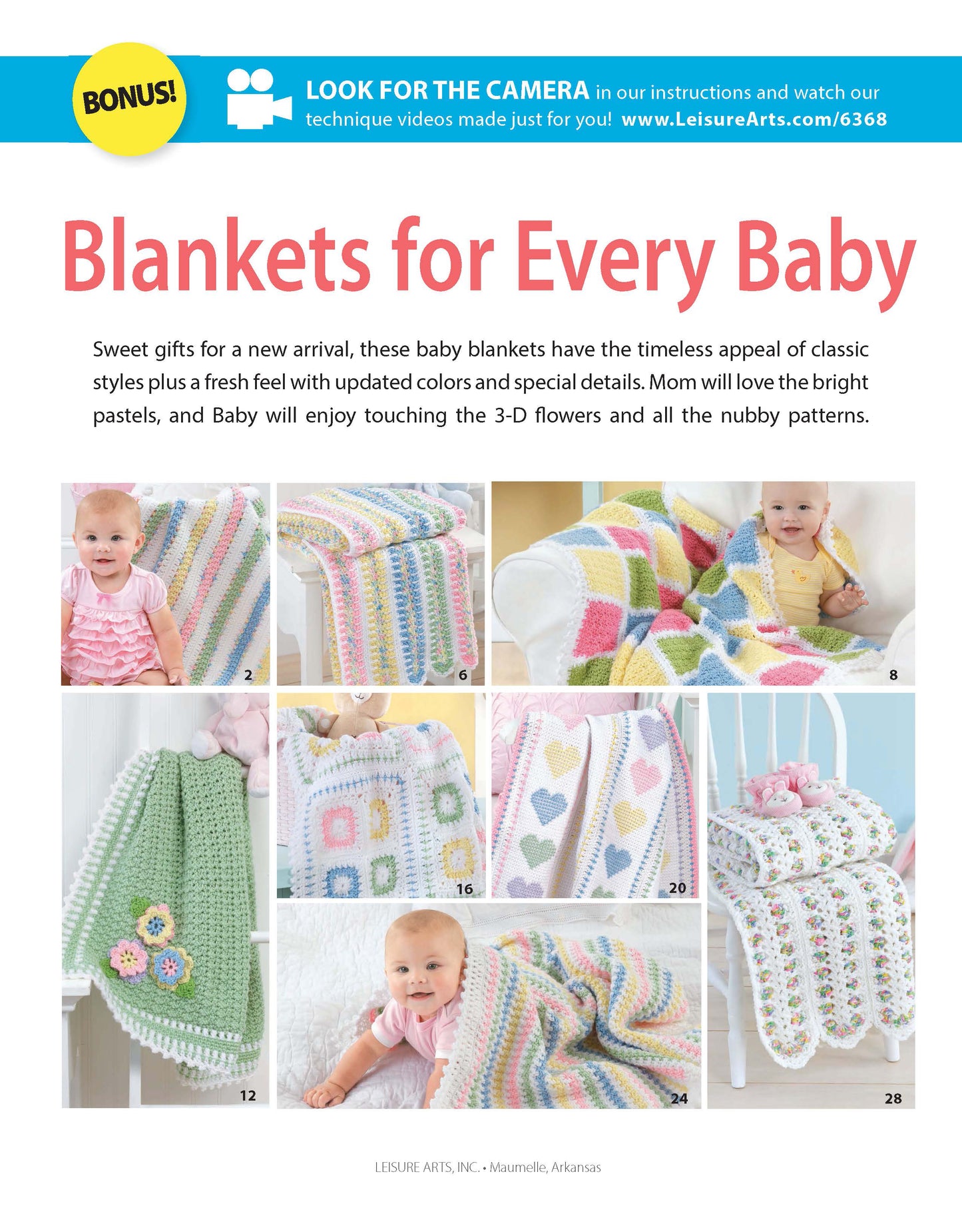 A magazine page showcases six vibrant “Crochet Blankets for Every Baby” by Leisure Arts, draped on chairs and cribs, with smiling babies nearby. The text highlights beginner crochet patterns featured in these playful designs.