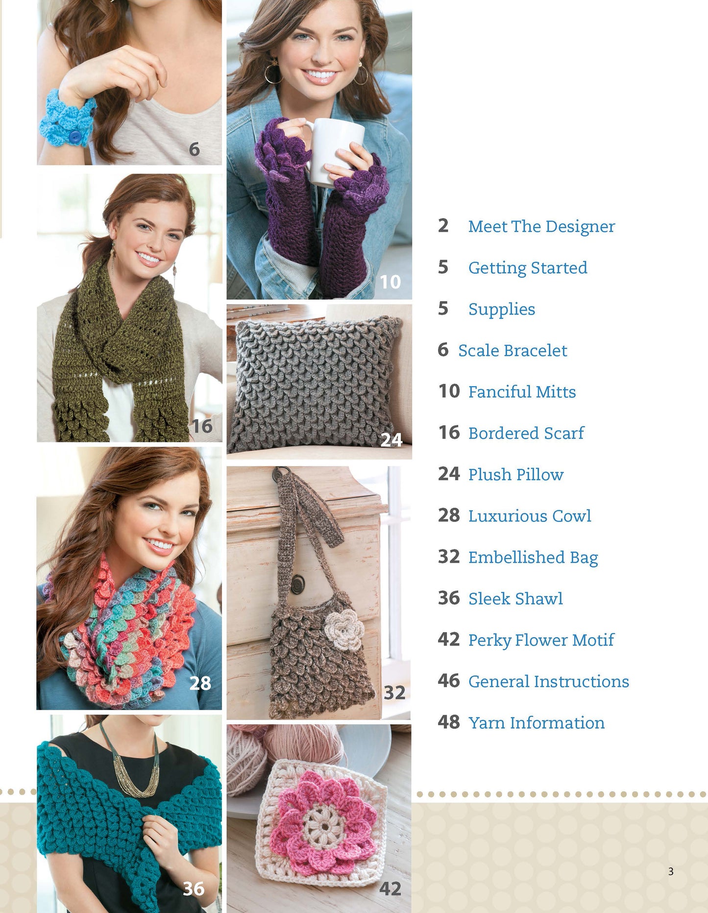 A collage shows women modeling creative beginner projects made with the Beginner's Guide to Crocodile Stitch by Leisure Arts—like a blue bracelet, purple fingerless gloves, and a green scarf. A table of contents is displayed on the right.