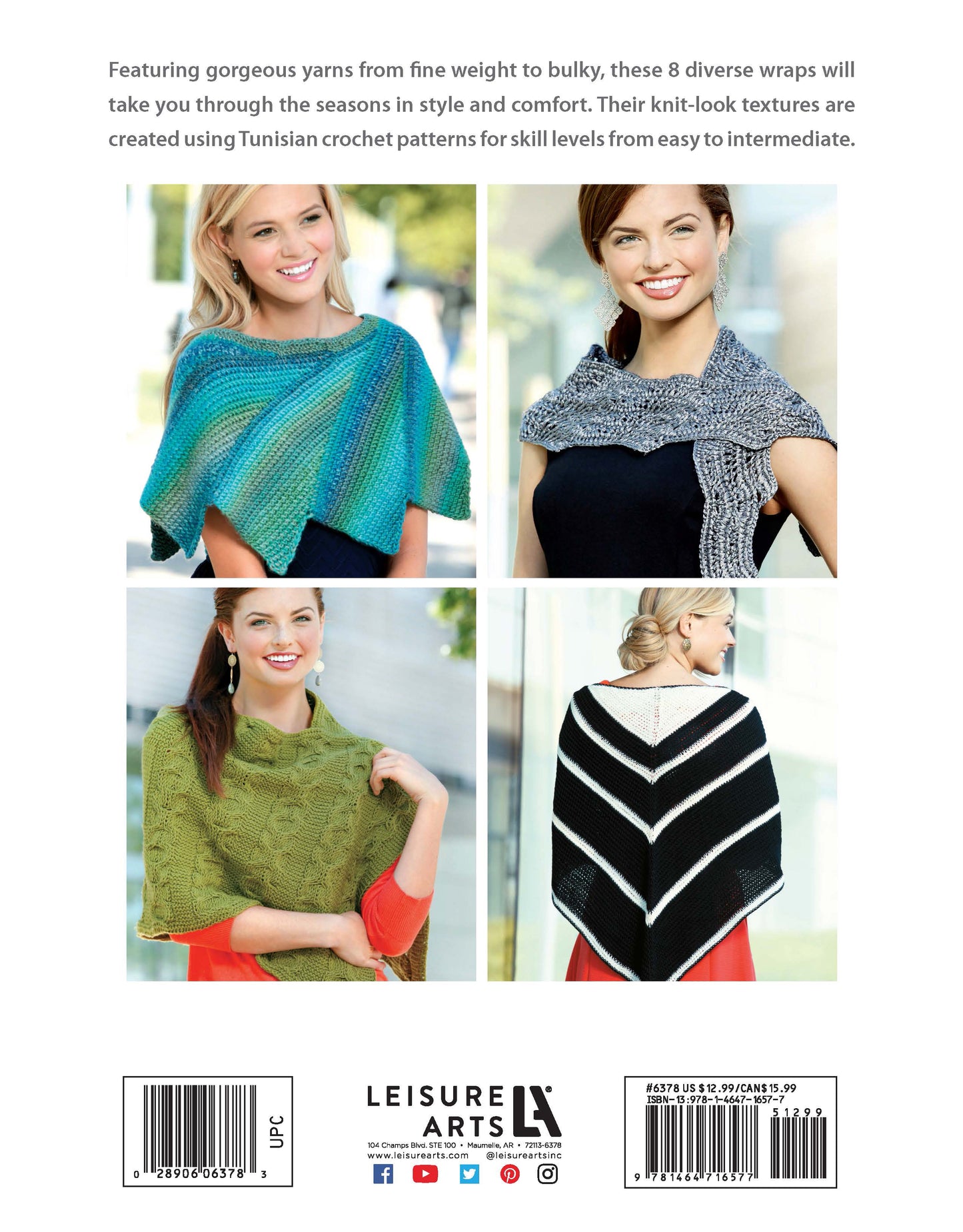 Four women model Crochet Tunisian Shawls by Leisure Arts in blue-green, gray, olive-green, and black with white stripes. Above: pattern info and skill levels; below: step-by-step instructions and barcodes.