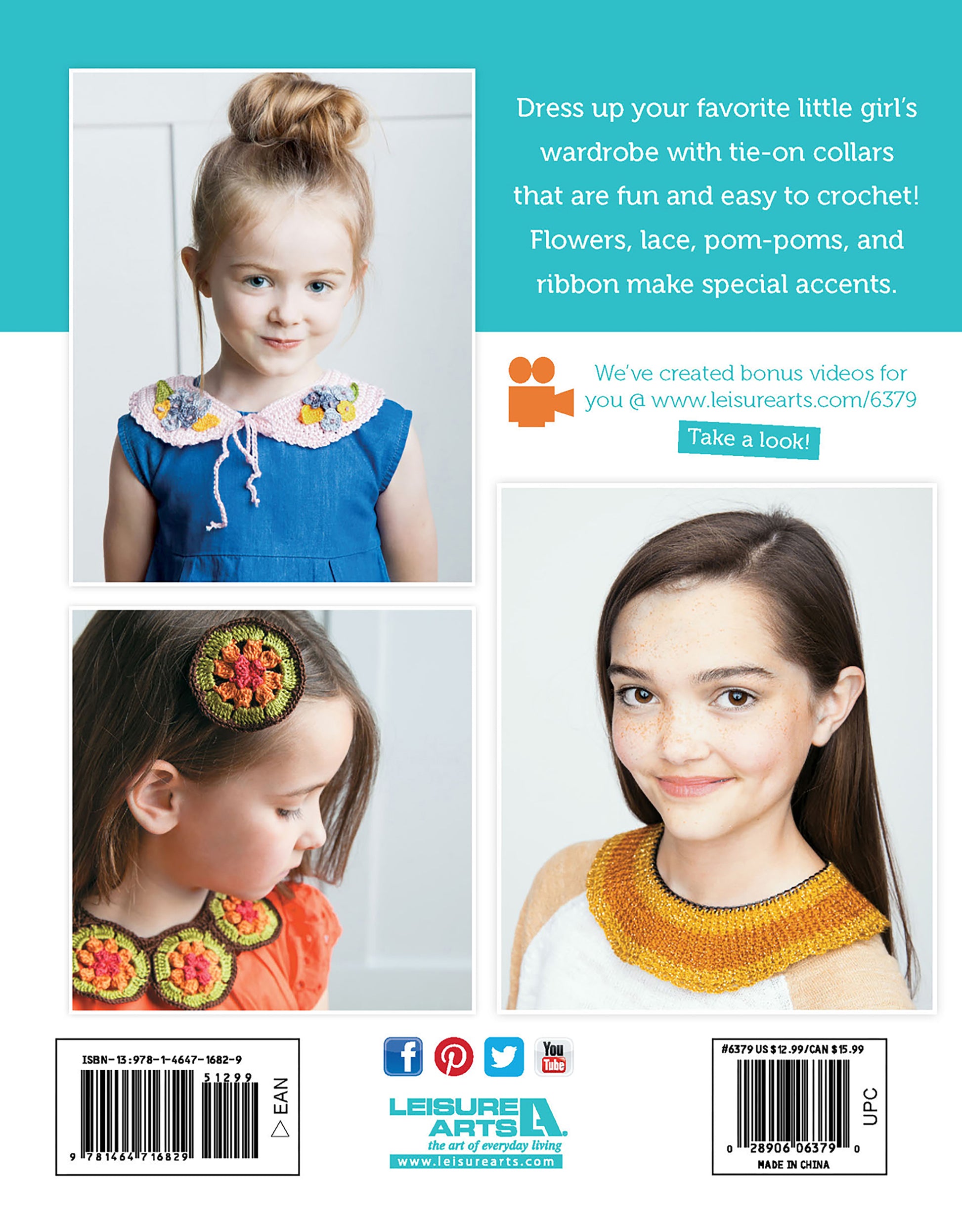 A magazine back cover features three girls modeling Leisure Arts’ Crochet Collars for Kids with decorative accents. The light blue background has white text promoting beginner crochet collars, plus social media icons and a barcode at the bottom.