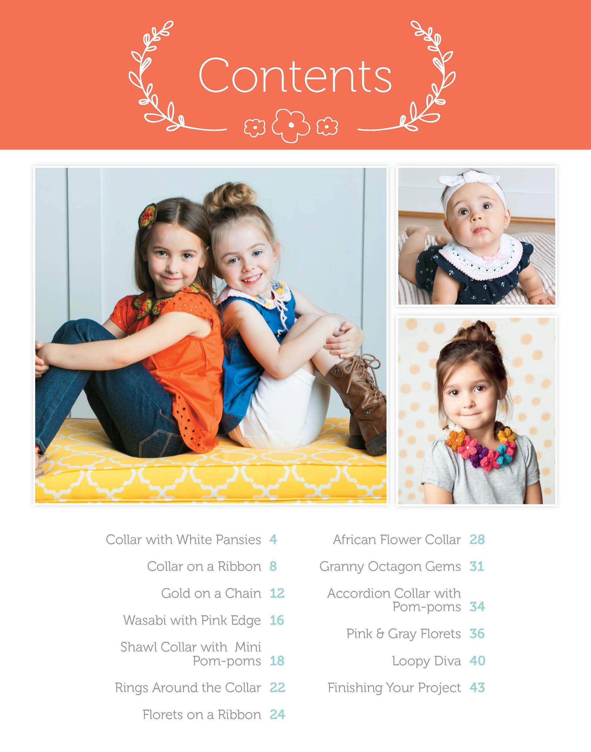The contents page of "Crochet Collars for Kids" by Leisure Arts shows three young girls in vibrant crochet collars and accessories, plus a list of creative collar projects, beginner crochet tips, and page numbers.