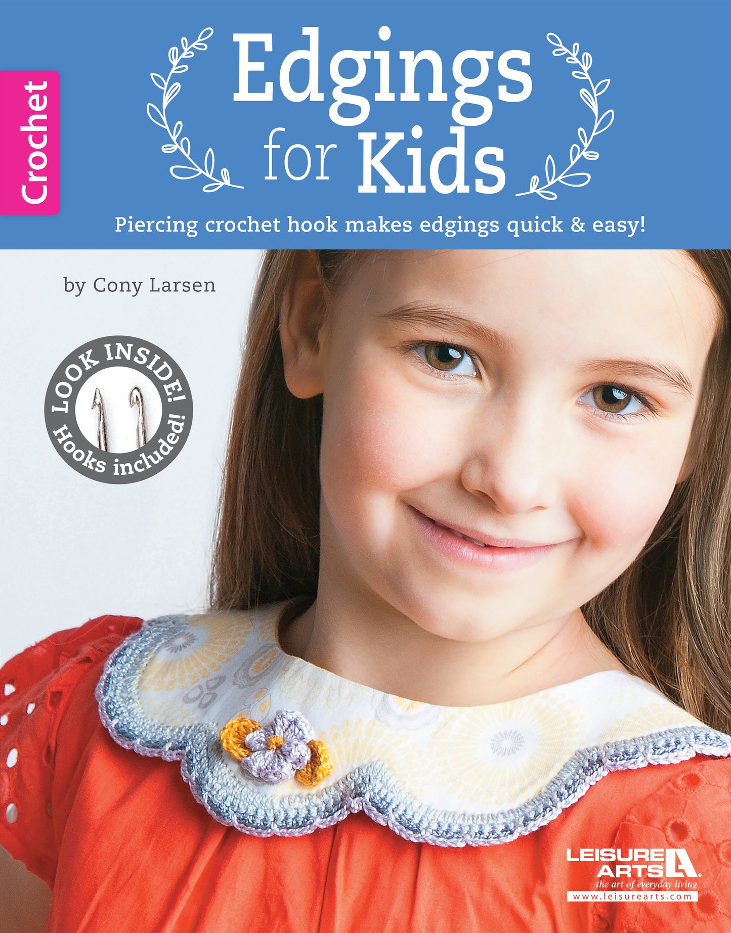 A smiling girl with long brown hair wears a light blue dress with a white crocheted collar edged in yellow and purple. The book cover shows "Edgings for Kids" by Leisure Arts.