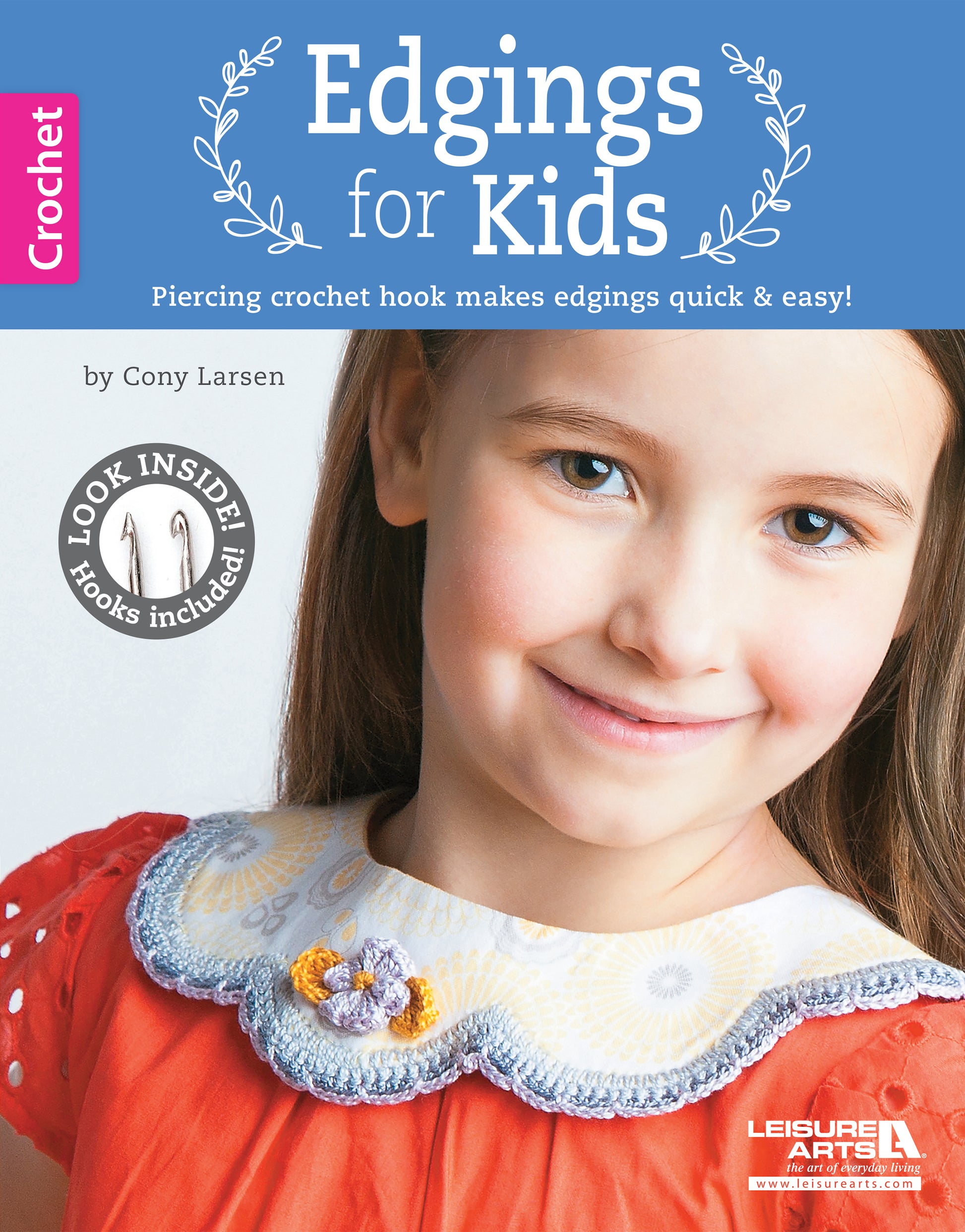 A smiling girl with long brown hair wears a light blue dress with a white crocheted collar edged in yellow and purple. The book cover shows "Edgings for Kids" by Leisure Arts.