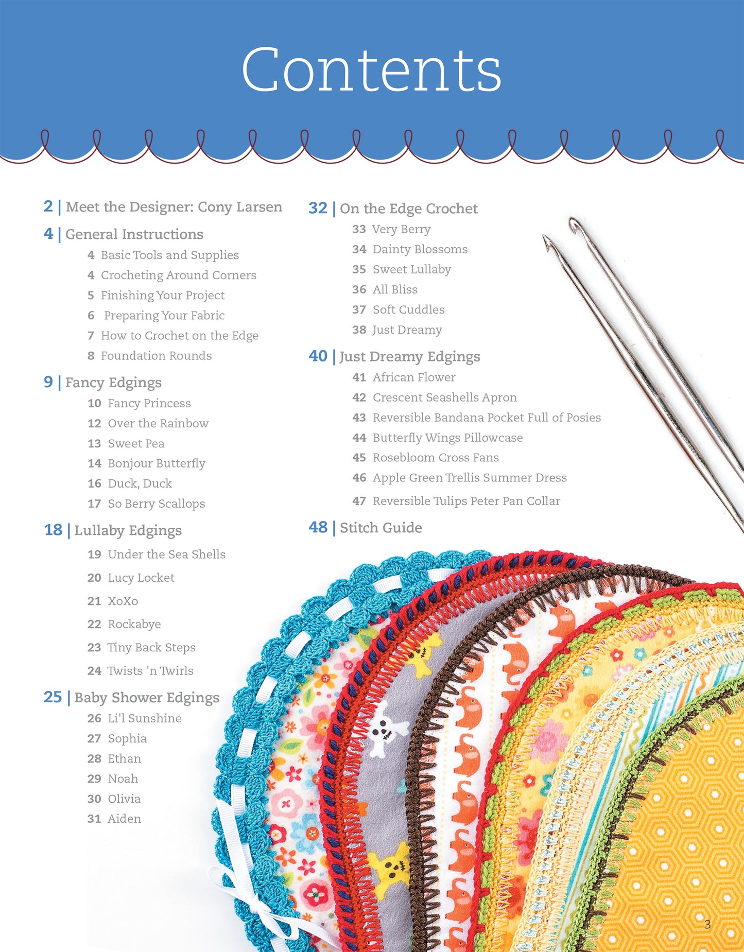 Flat lay of Leisure Arts’ "Edgings for Kids" table of contents with colorful crochet edgings, two piercing hooks, and clear section titles—an ideal beginner’s guide for creative crochet projects.