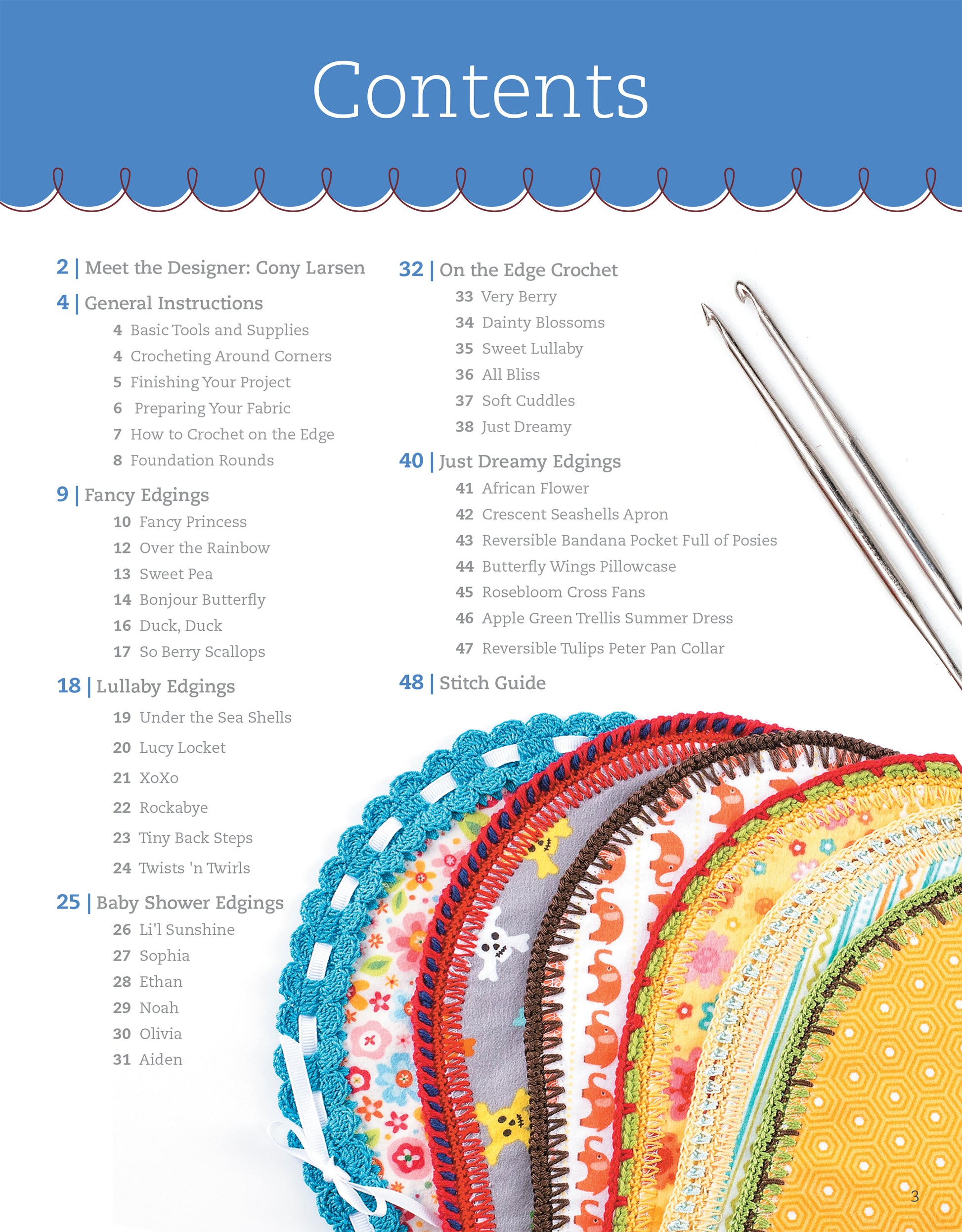 Flat lay of Leisure Arts’ "Edgings for Kids" table of contents with colorful crochet edgings, two piercing hooks, and clear section titles—an ideal beginner’s guide for creative crochet projects.