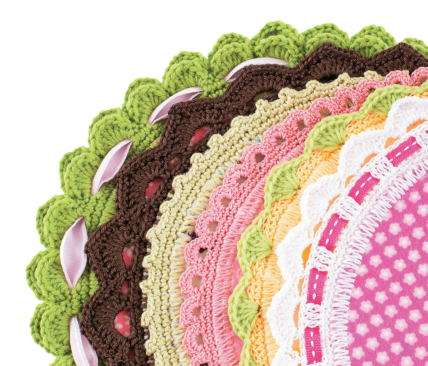 A close-up of several round, pastel-colored doilies with crochet and ribbon-edged borders from "Edgings for Kids" by Leisure Arts, featuring vibrant patterns and textures ideal for beginner crochet enthusiasts.